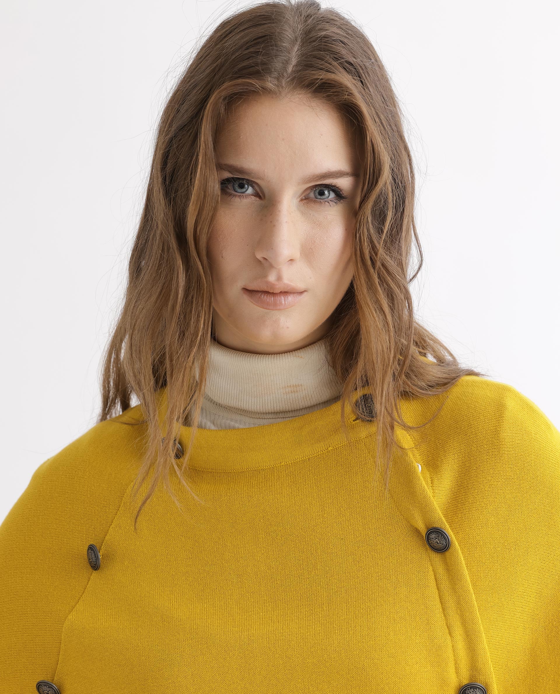 Rareism Women Finley Mustard Cotton Fabric 3/4Th Sleeves Relaxed Fit Solid Collarless Sweater