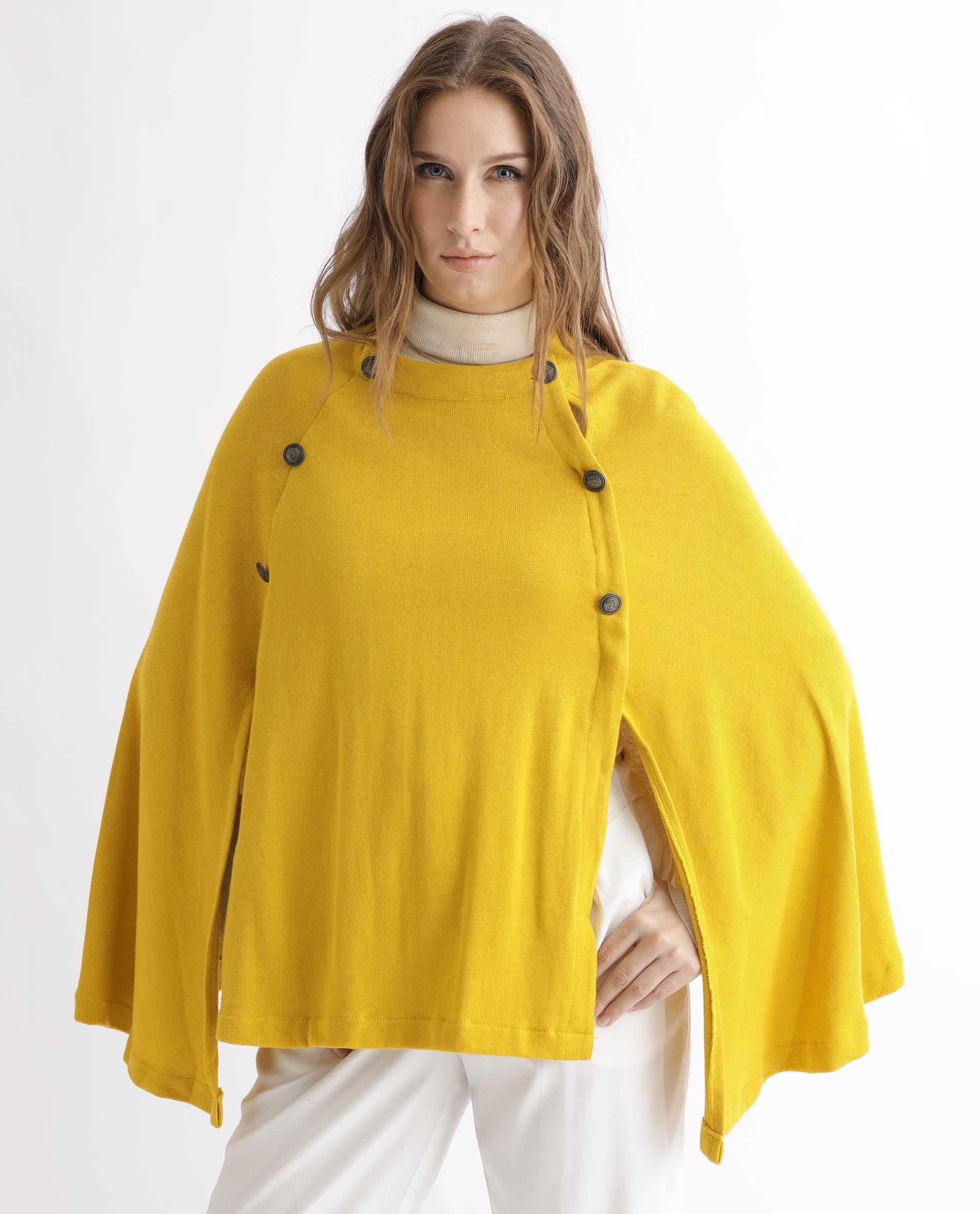 Rareism Women's Finley Mustard Cotton Collarless Plain Cape Sleeve Relaxed Fit Sweater