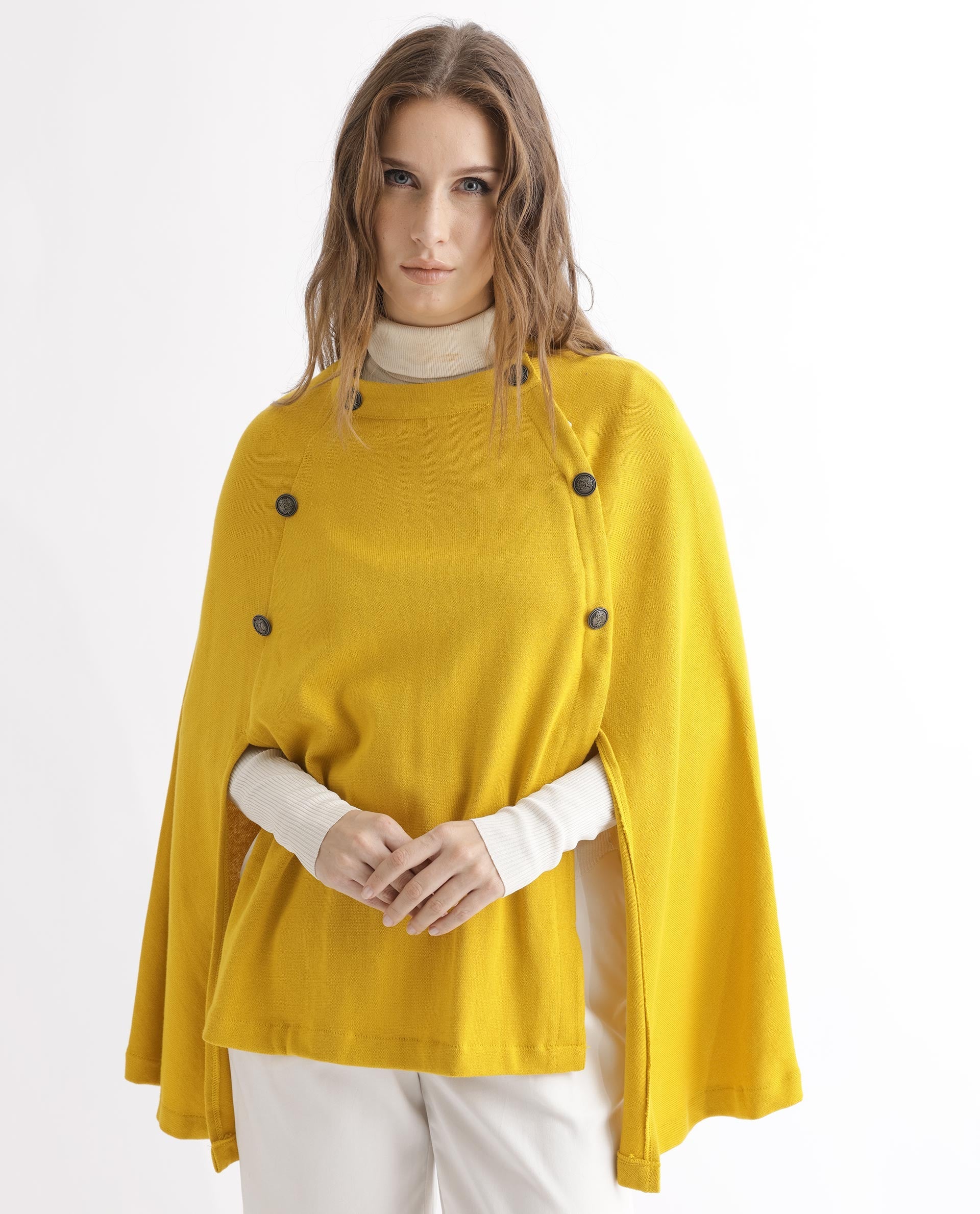 Rareism Women's Finley Mustard Cotton Collarless Plain Cape Sleeve Relaxed Fit Sweater