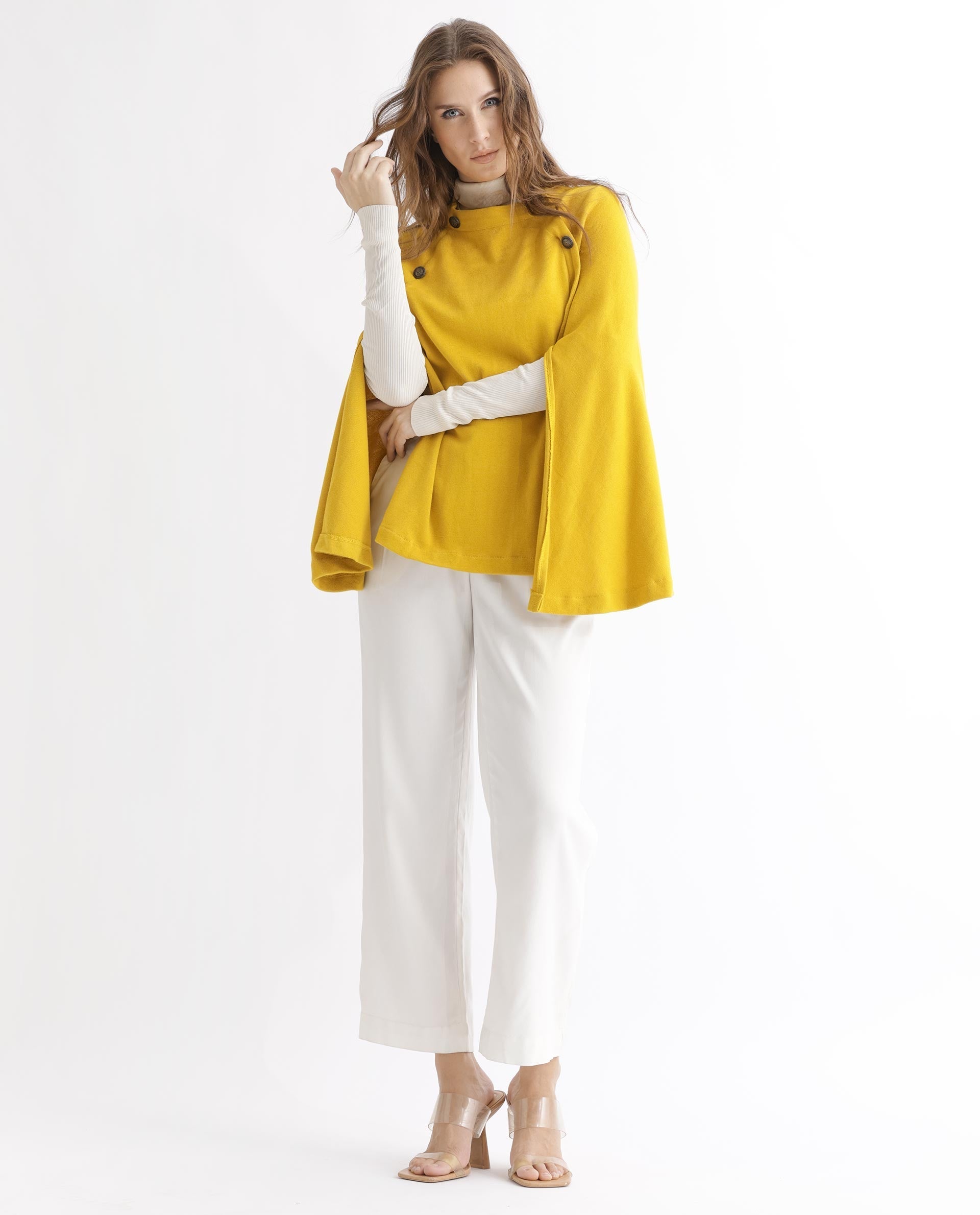 Rareism Women's Finley Mustard Cotton Collarless Plain Cape Sleeve Relaxed Fit Sweater