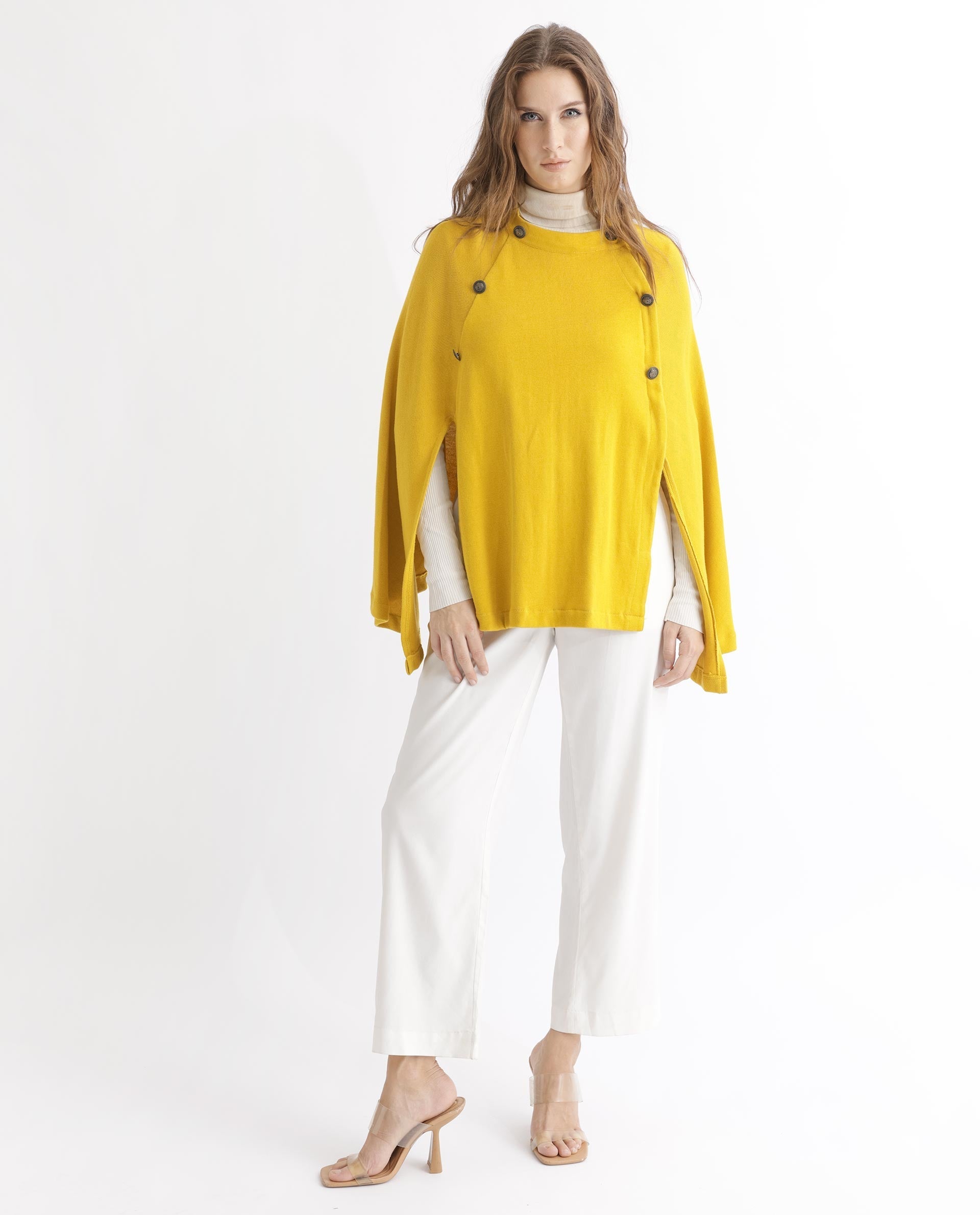 Rareism Women's Finley Mustard Cotton Collarless Plain Cape Sleeve Relaxed Fit Sweater