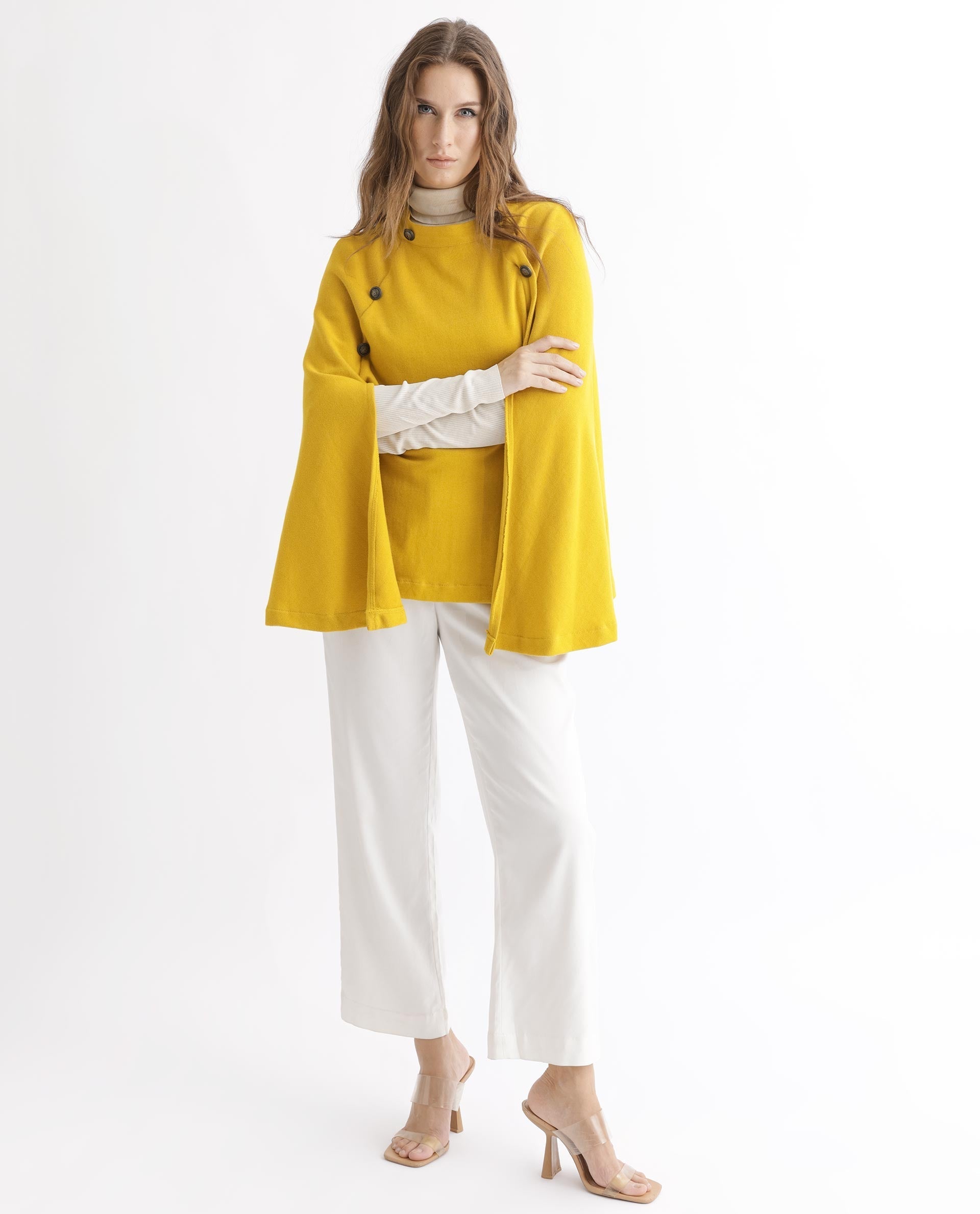 Rareism Women's Finley Mustard Cotton Collarless Plain Cape Sleeve Relaxed Fit Sweater