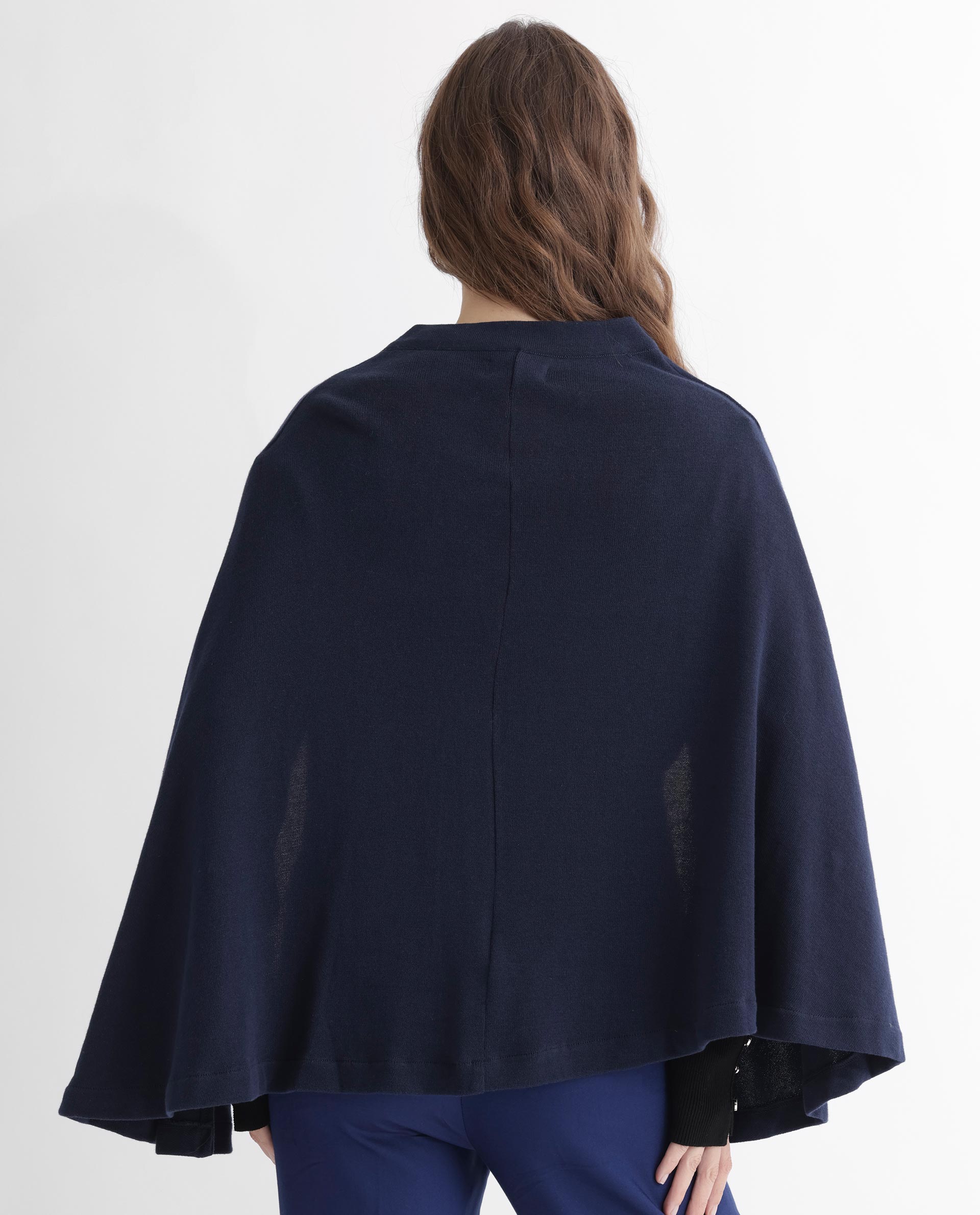 Rareism Women's Finley Navy Cotton Collarless Plain Cape Sleeve Relaxed Fit Sweater