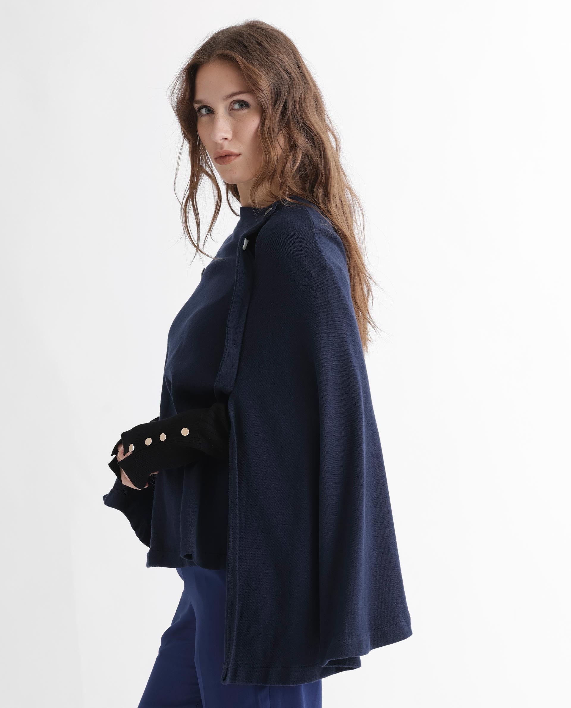 Rareism Women's Finley Navy Cotton Collarless Plain Cape Sleeve Relaxed Fit Sweater