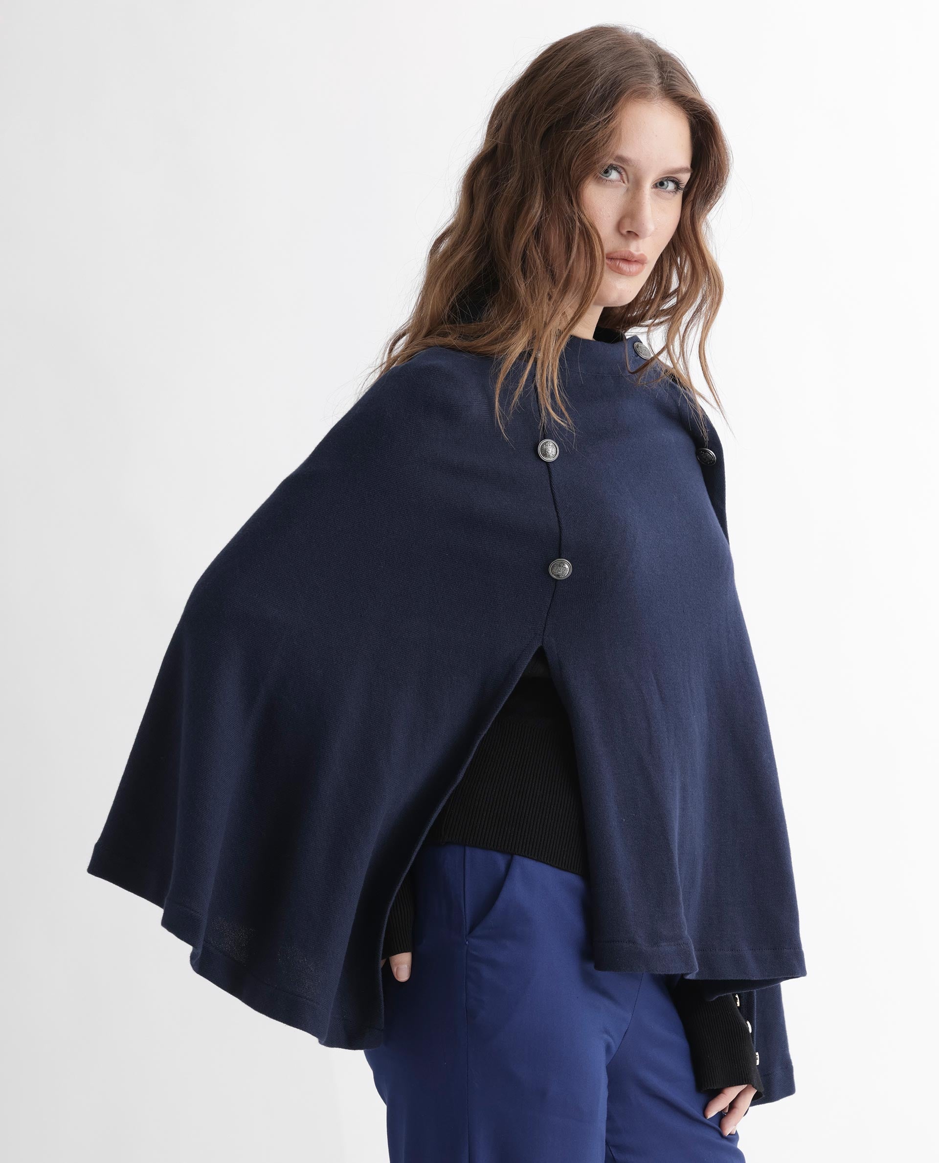 Rareism Women's Finley Navy Cotton Collarless Plain Cape Sleeve Relaxed Fit Sweater