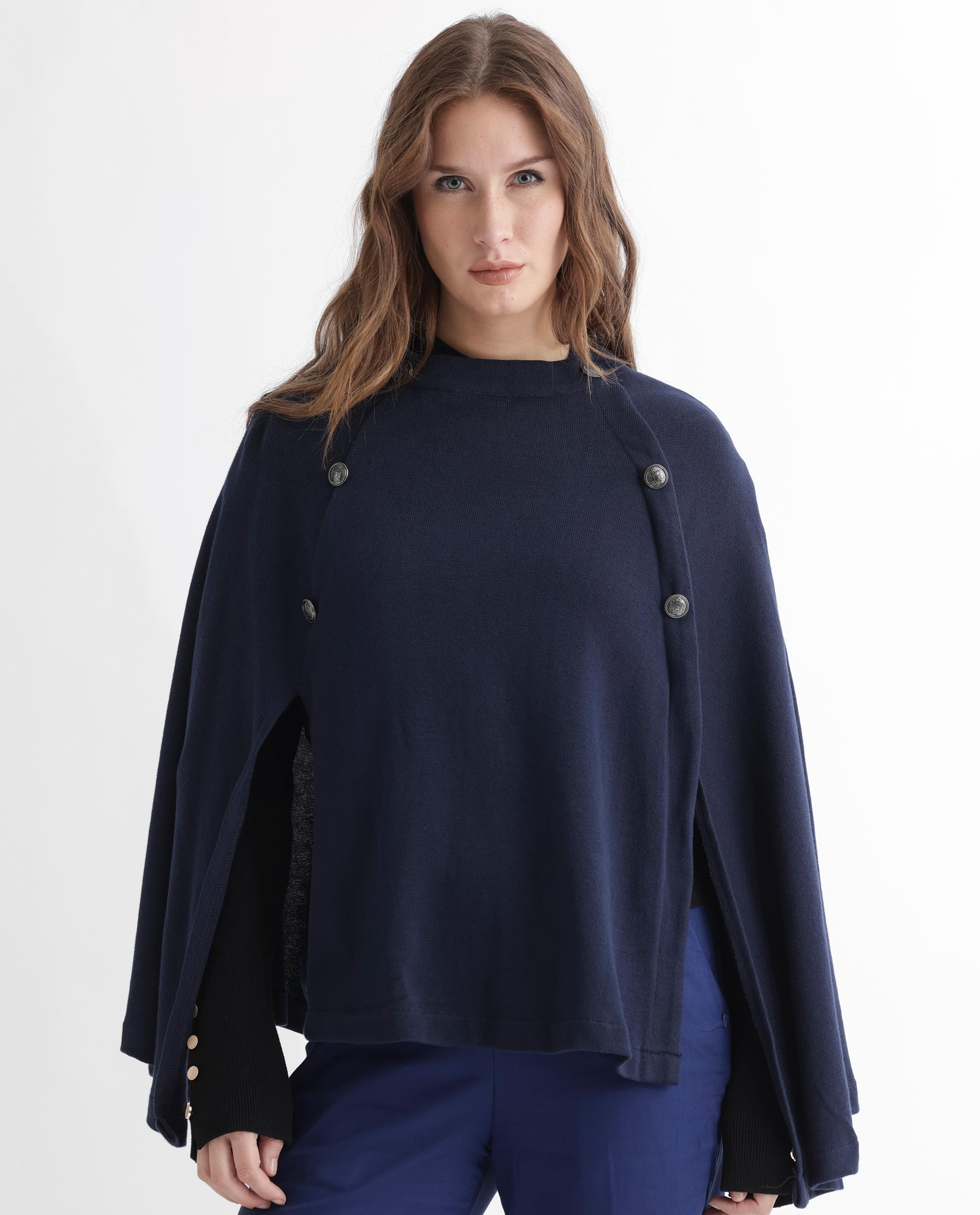 Rareism Women's Finley Navy Cotton Collarless Plain Cape Sleeve Relaxed Fit Sweater