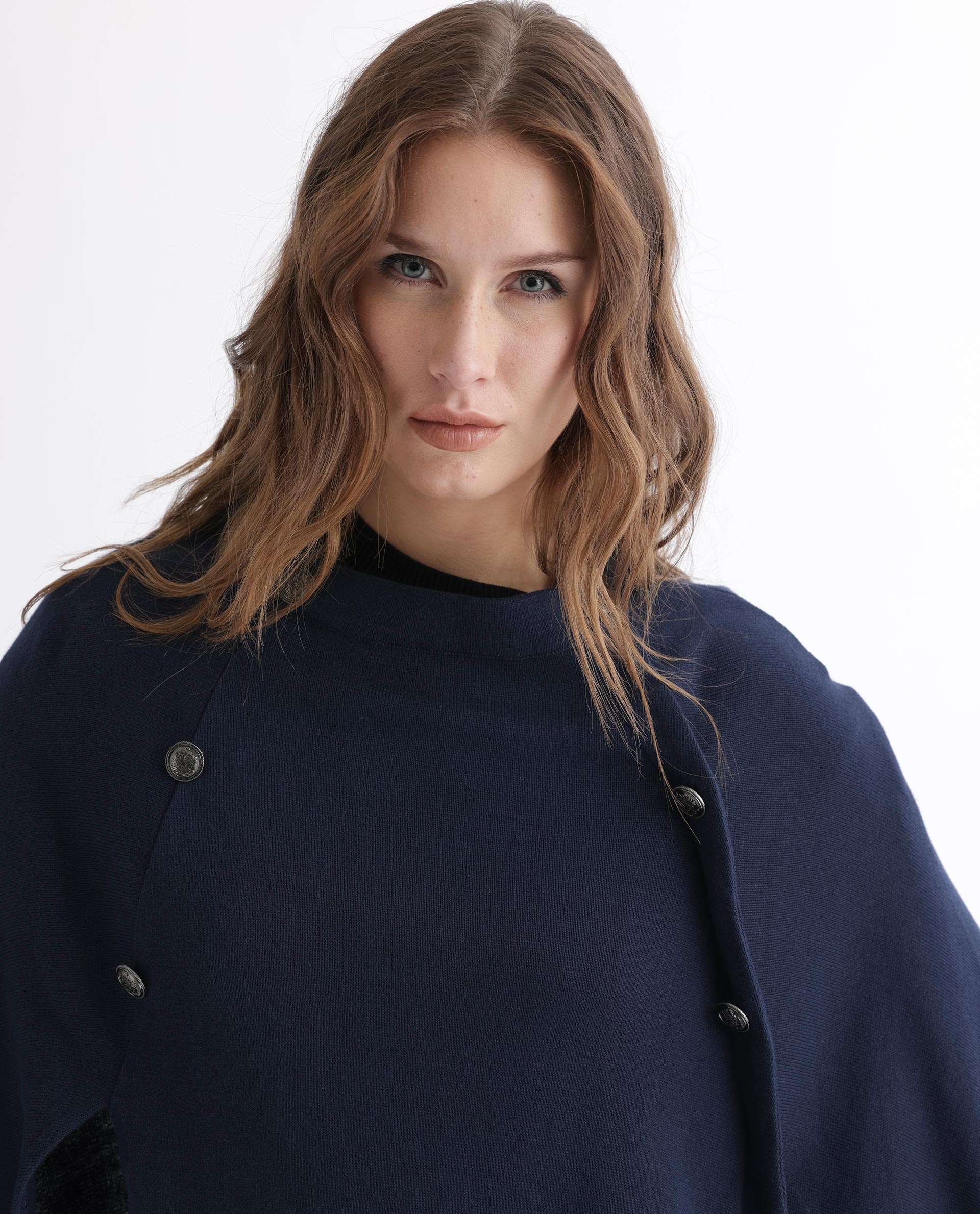 Rareism Women's Finley Navy Cotton Collarless Plain Cape Sleeve Relaxed Fit Sweater
