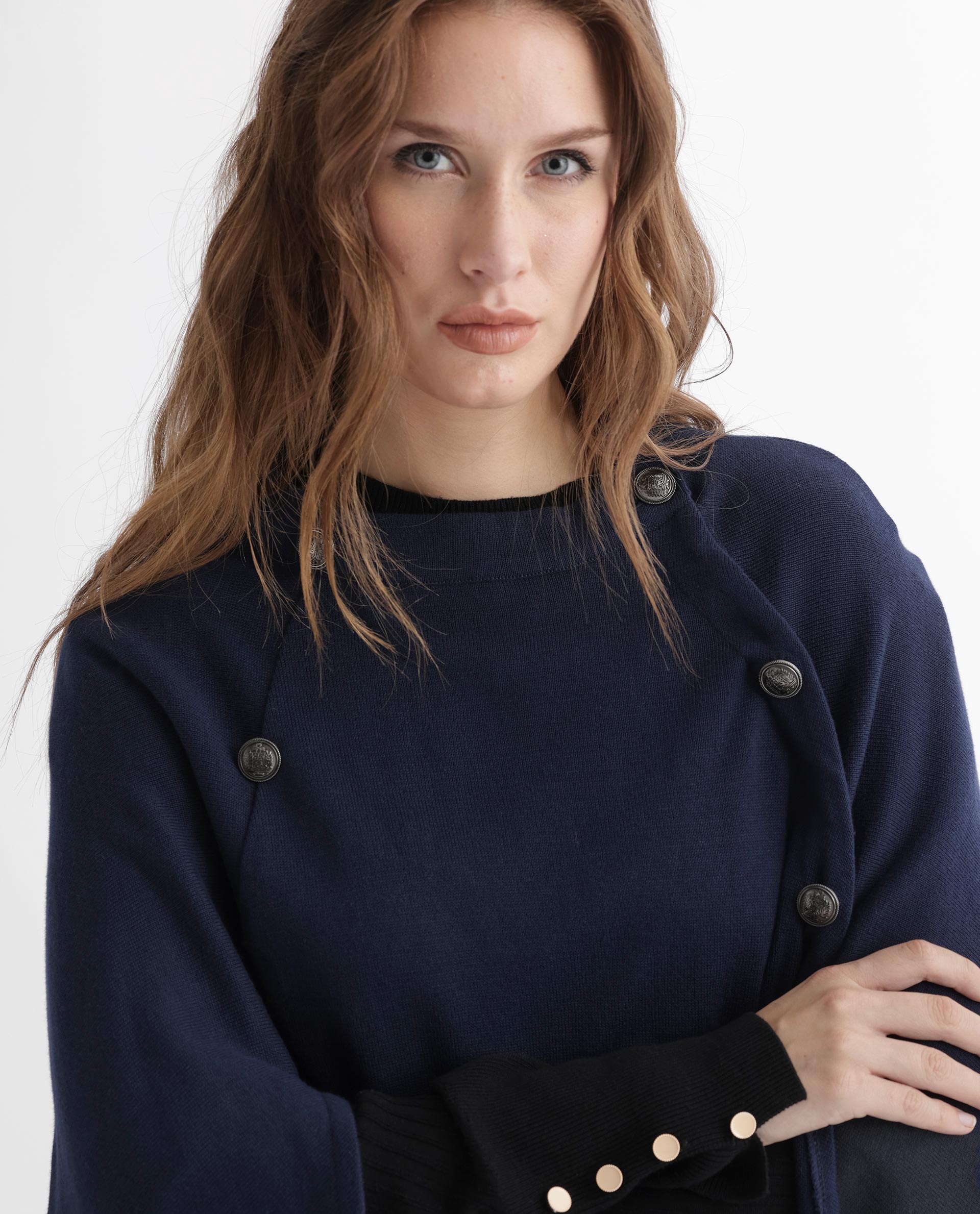 Rareism Women Finley Navy Cotton Fabric 3/4Th Sleeves Relaxed Fit Solid Collarless Sweater