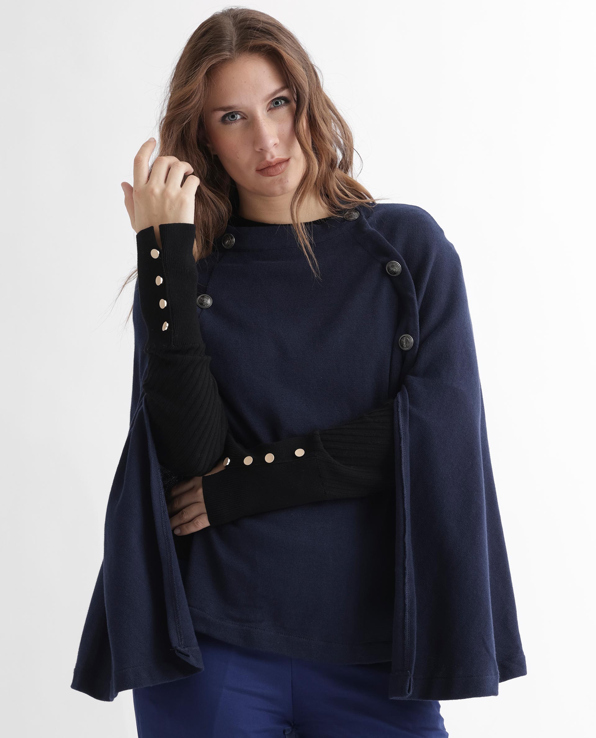 Rareism Women's Finley Navy Cotton Collarless Plain Cape Sleeve Relaxed Fit Sweater
