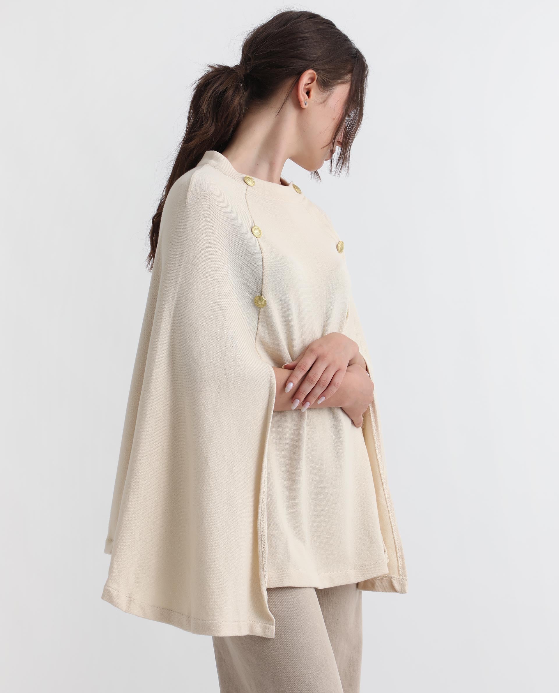 Rareism Women Finley Off White Cotton Fabric 3/4Th Sleeves Relaxed Fit Solid Collarless Sweater