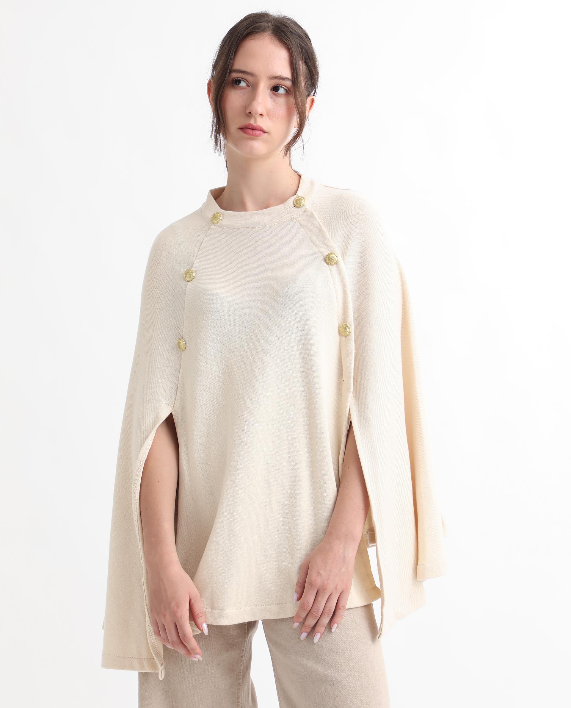 Rareism Women Finley Off White Cotton Fabric 3/4Th Sleeves Relaxed Fit Solid Collarless Sweater