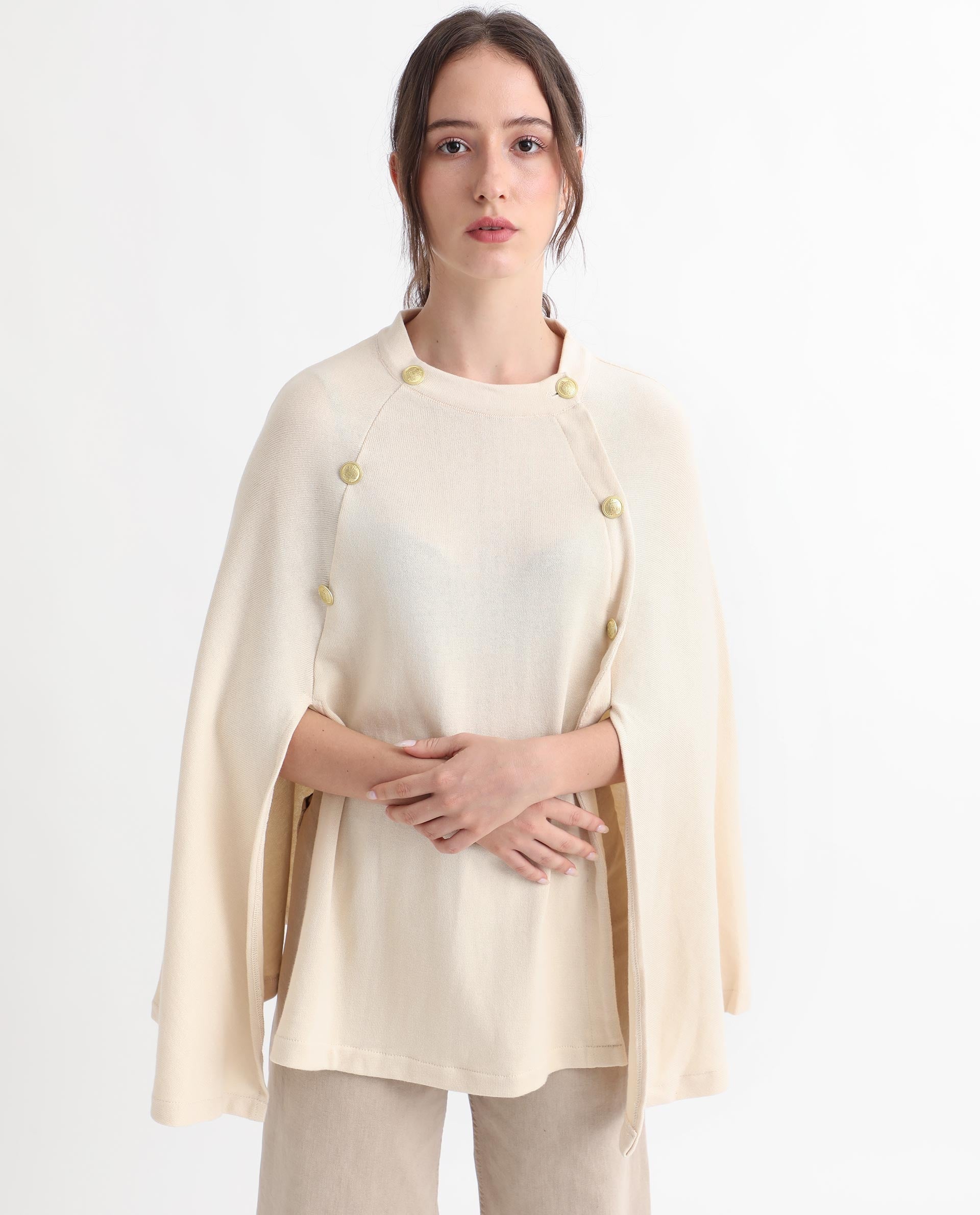 Rareism Women's Finley Offwhite Cotton Collarless Plain Cape Sleeve Relaxed Fit Sweater