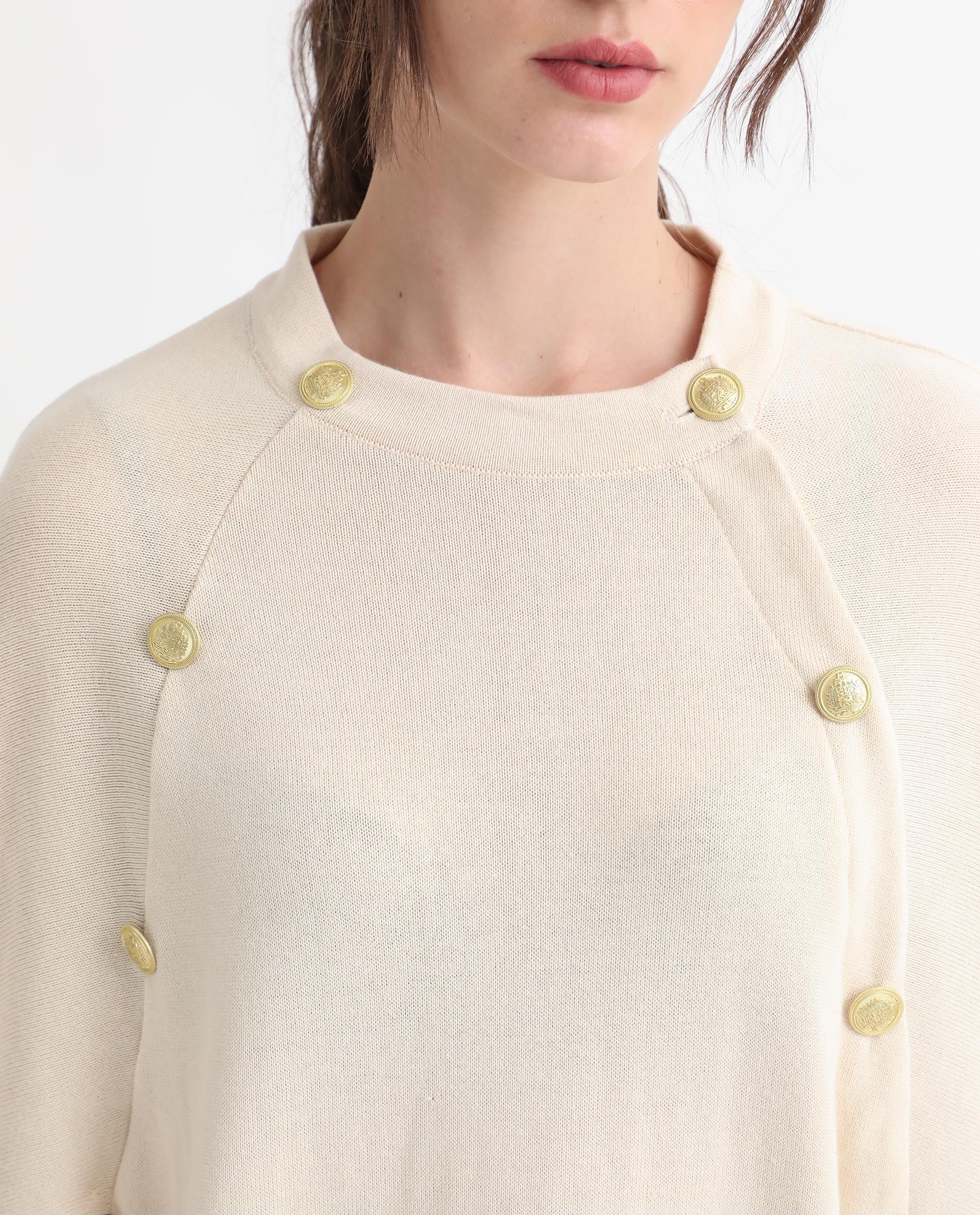 Rareism Women's Finley Offwhite Cotton Collarless Plain Cape Sleeve Relaxed Fit Sweater