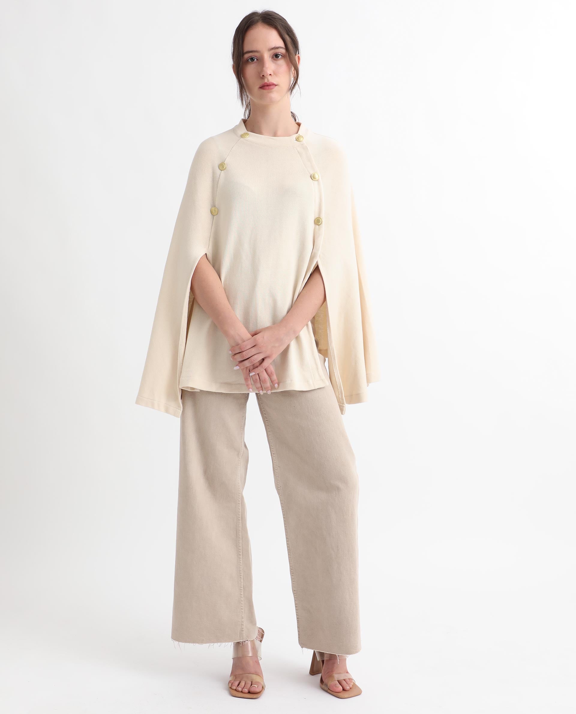 Rareism Women Finley Off White Cotton Fabric 3/4Th Sleeves Relaxed Fit Solid Collarless Sweater