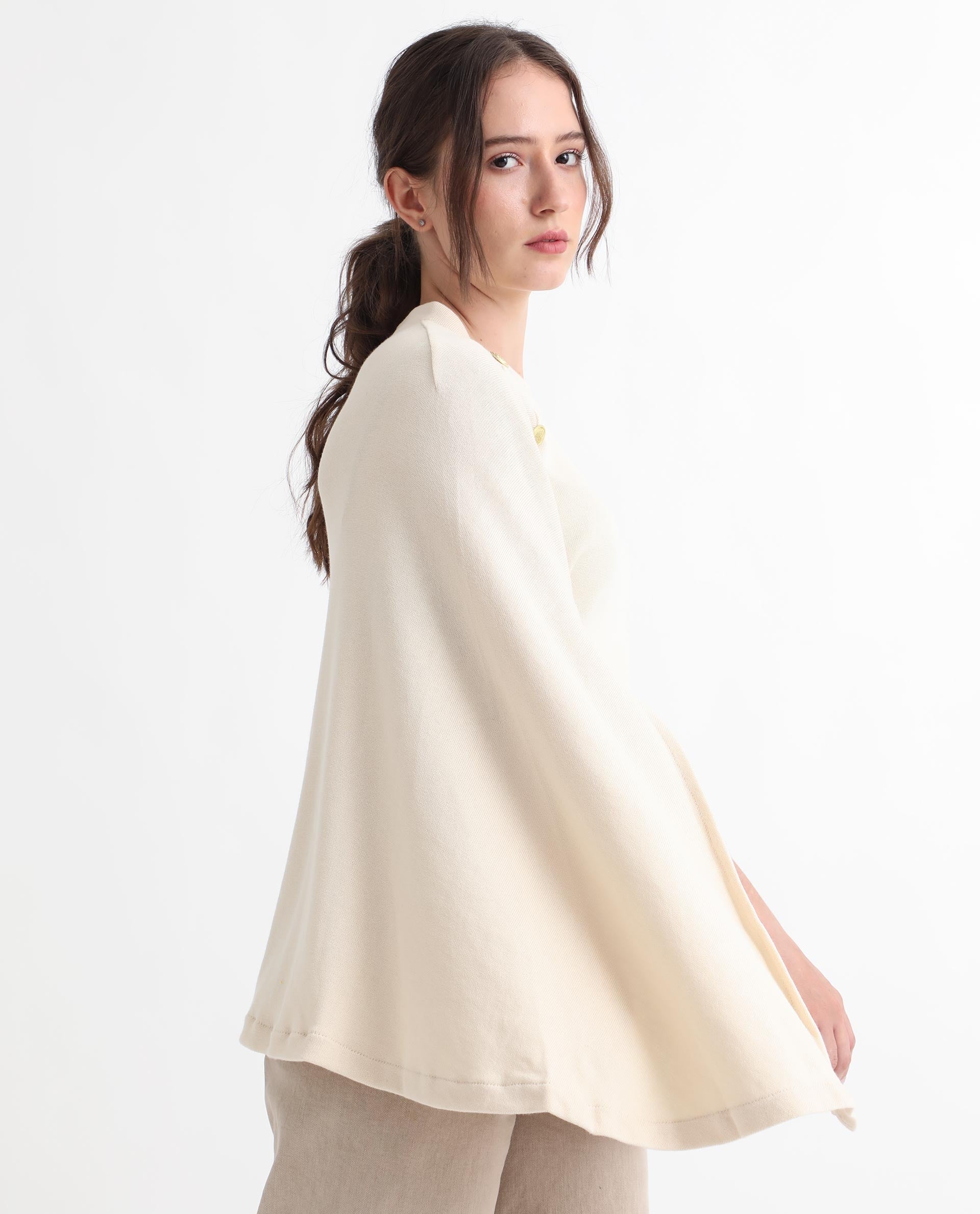 Rareism Women Finley Off White Cotton Fabric 3/4Th Sleeves Relaxed Fit Solid Collarless Sweater