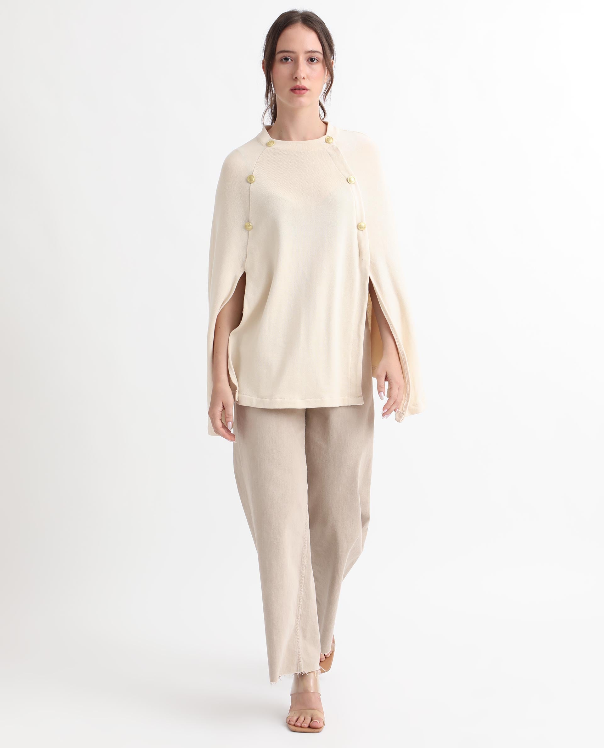 Rareism Women's Finley Offwhite Cotton Collarless Plain Cape Sleeve Relaxed Fit Sweater
