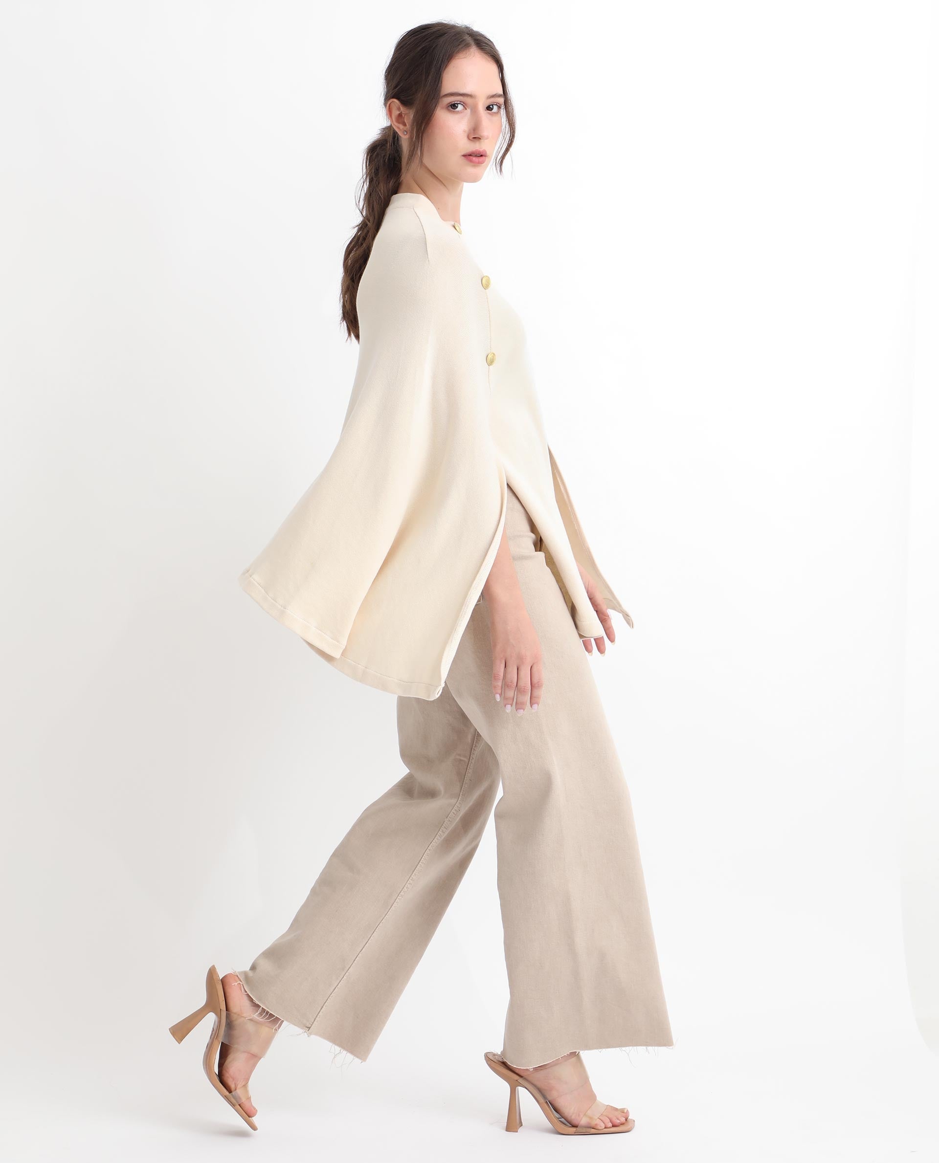 Rareism Women's Finley Offwhite Cotton Collarless Plain Cape Sleeve Relaxed Fit Sweater