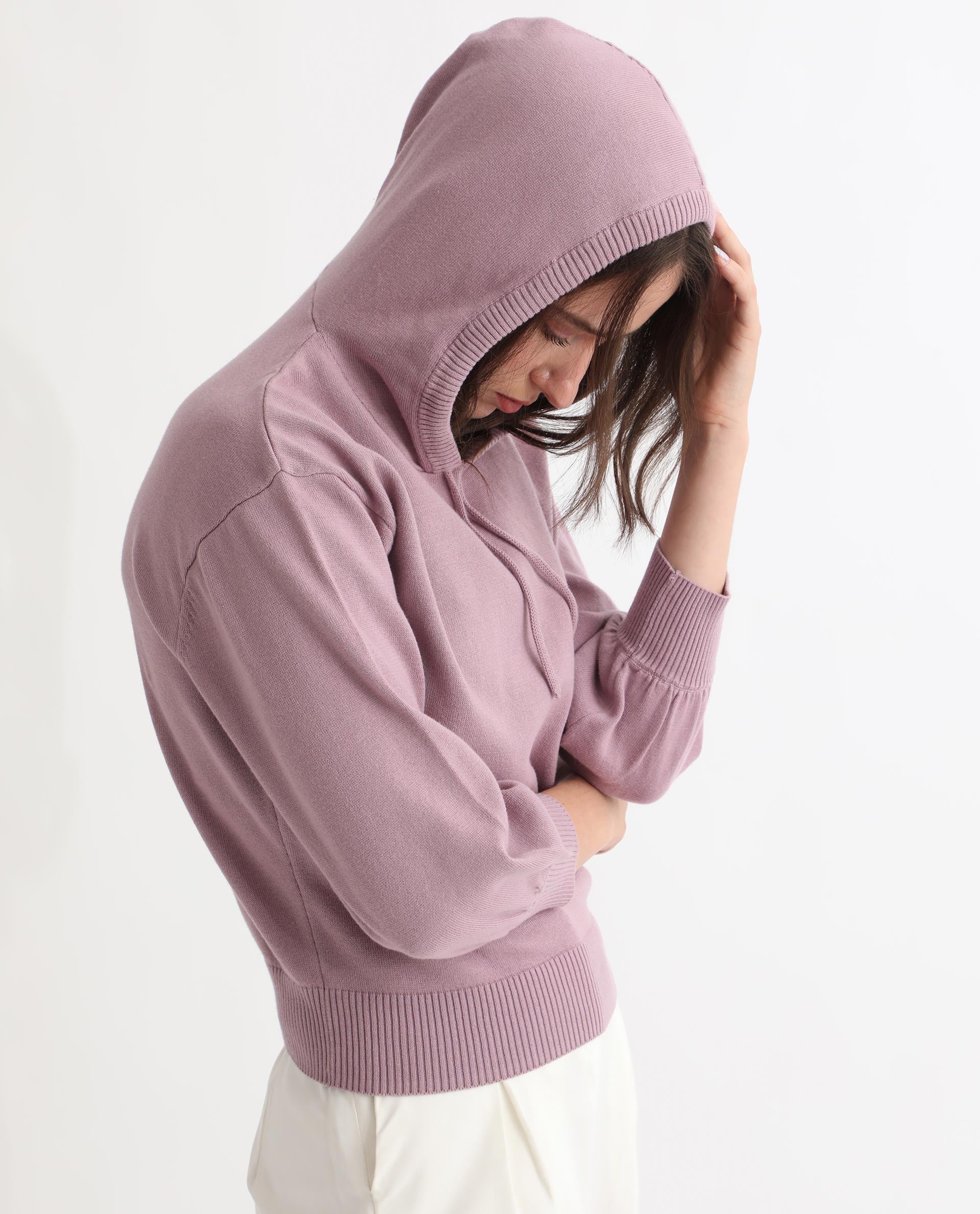 Rareism Women's Finn Sweat Pink Cotton Hooded Plain Relaxed Fit Sweater