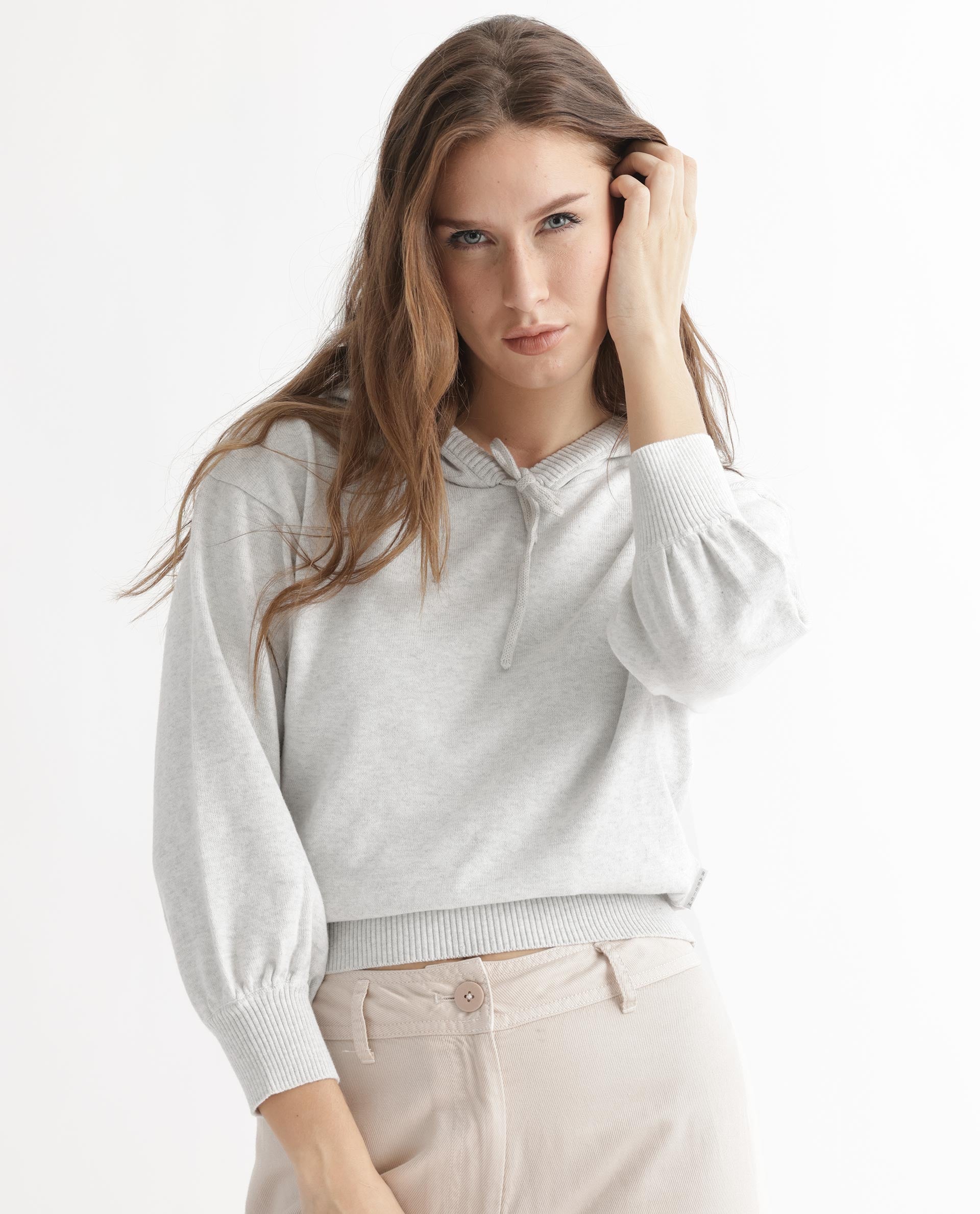 Rareism Women's Finn Sweat Offwhite Cotton Hooded Plain Relaxed Fit Sweater