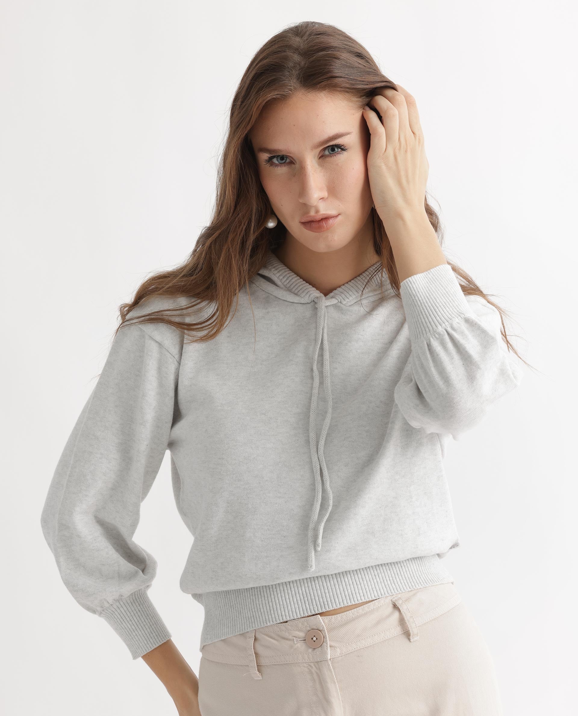 Rareism Women's Finn Sweat Offwhite Cotton Hooded Plain Relaxed Fit Sweater