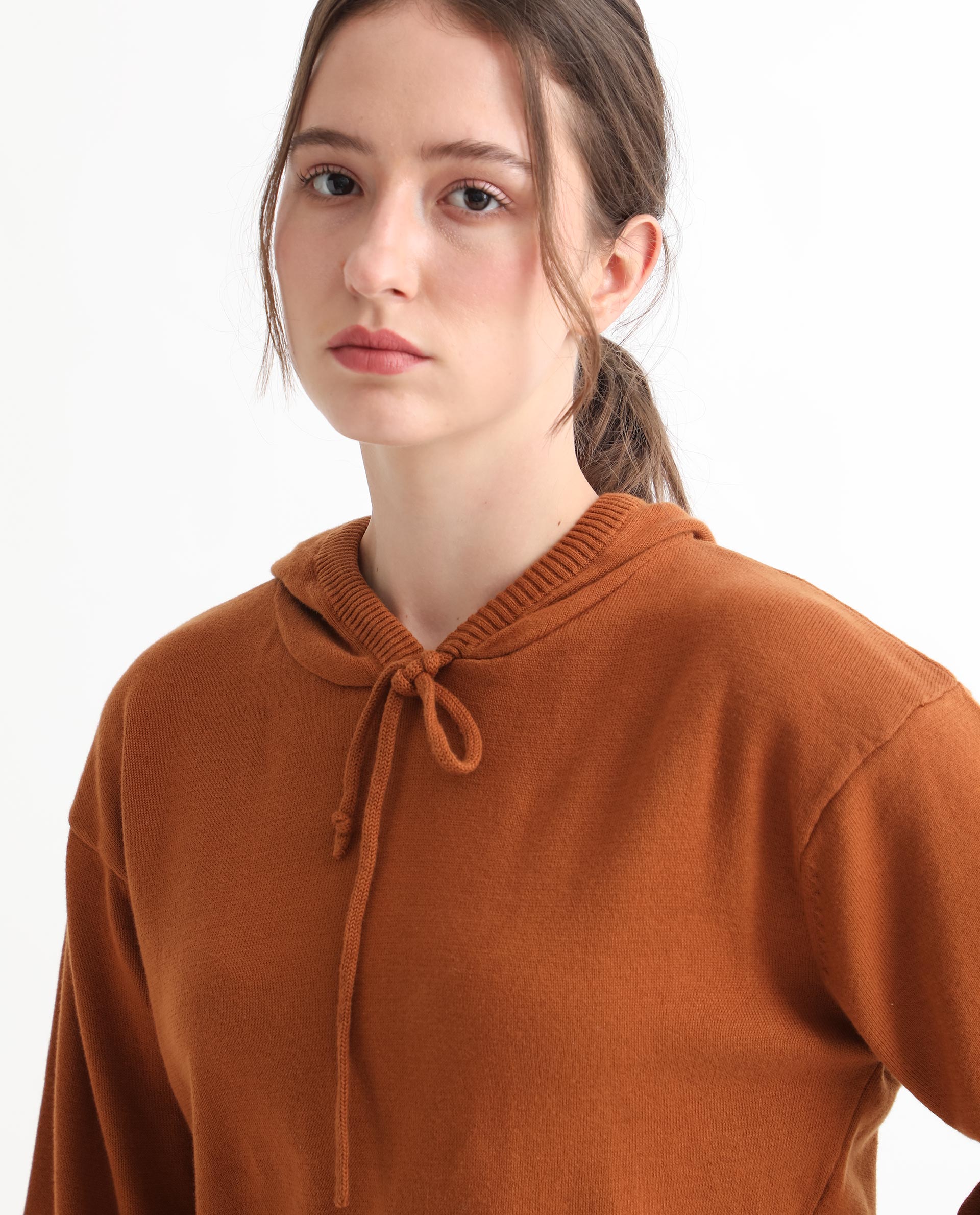 Rareism Women's Finn Sweat Rust Cotton Hooded Plain Relaxed Fit Sweater