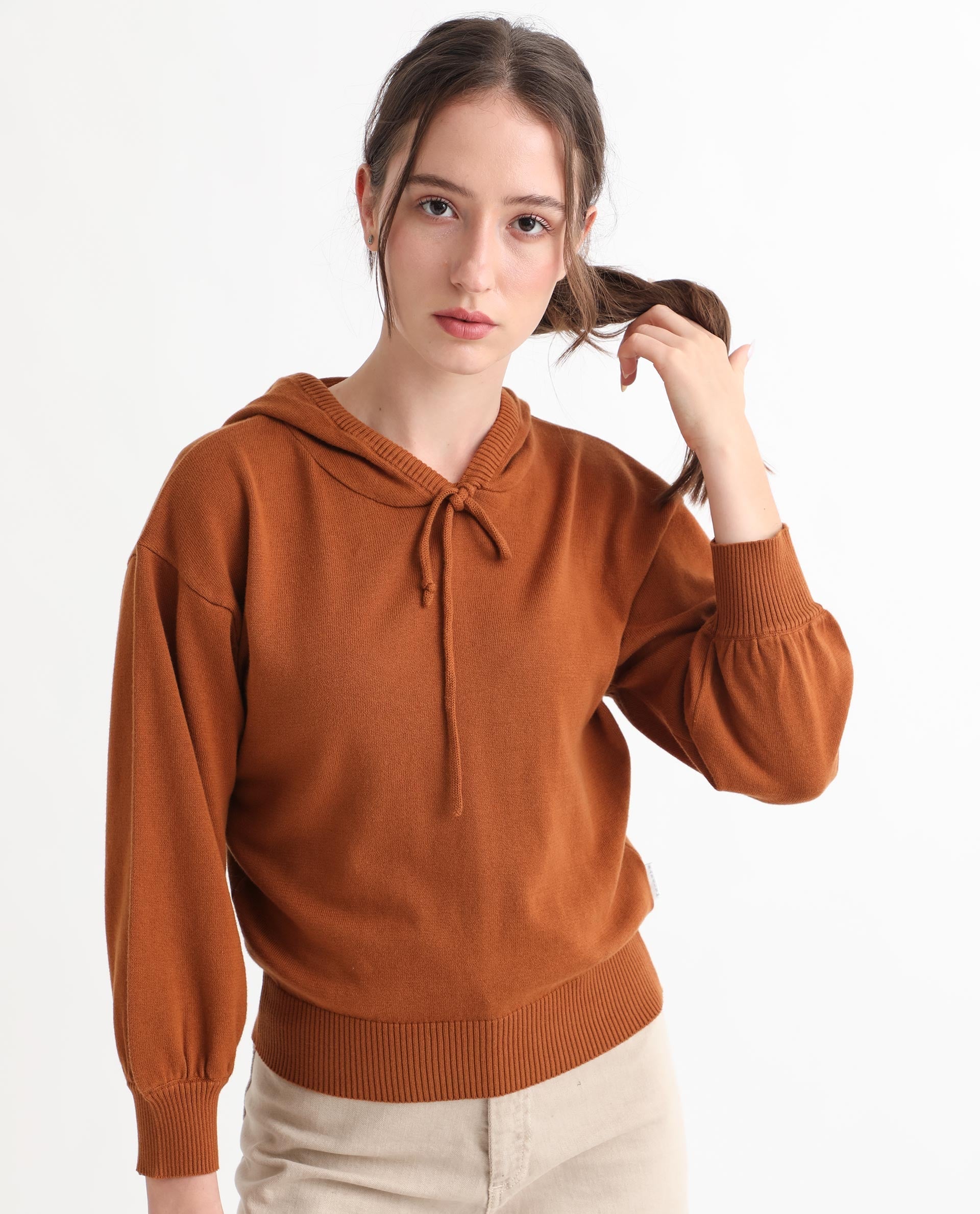 Rareism Women's Finn Sweat Rust Cotton Hooded Plain Relaxed Fit Sweater