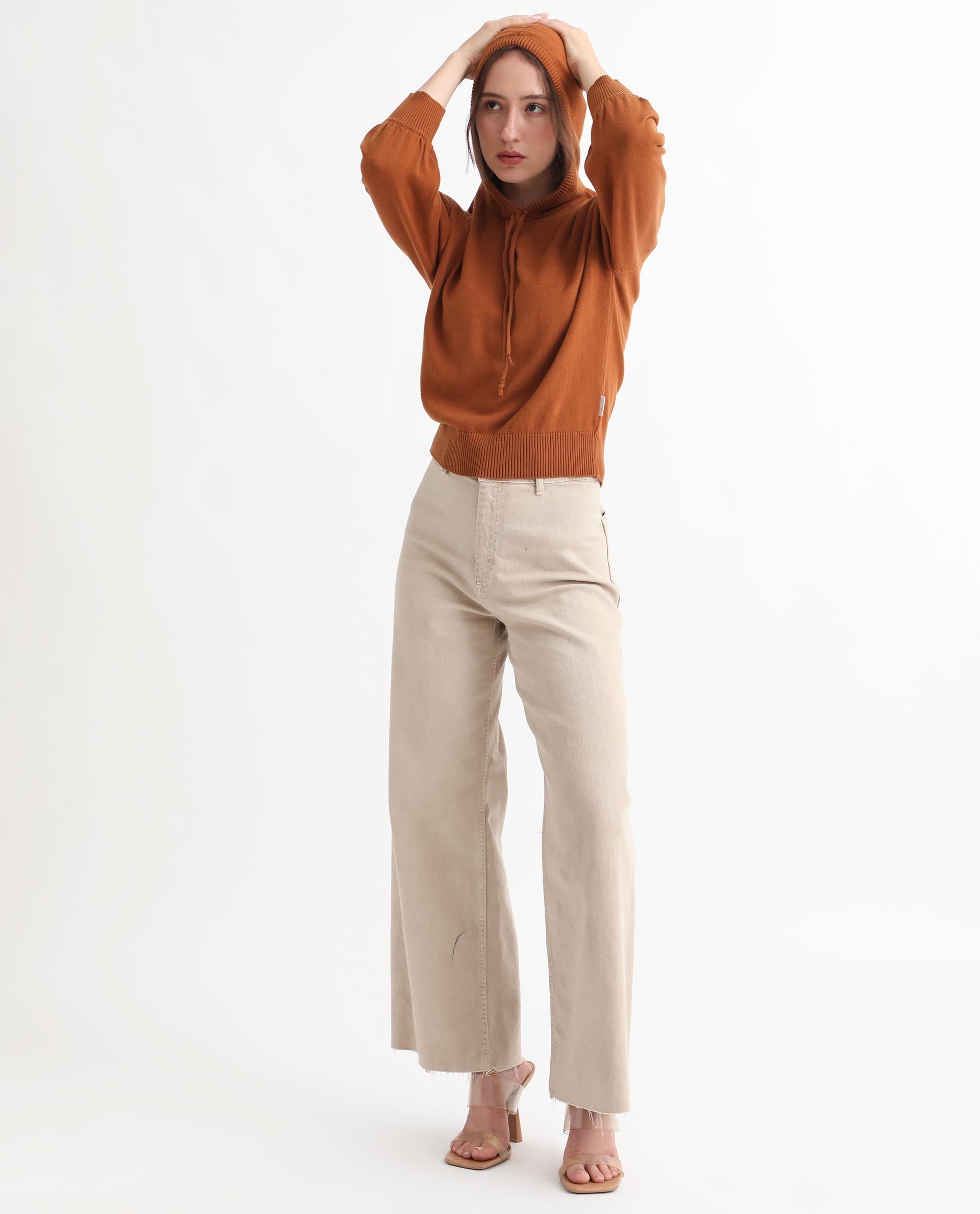 Rareism Women's Finn Sweat Rust Cotton Hooded Plain Relaxed Fit Sweater