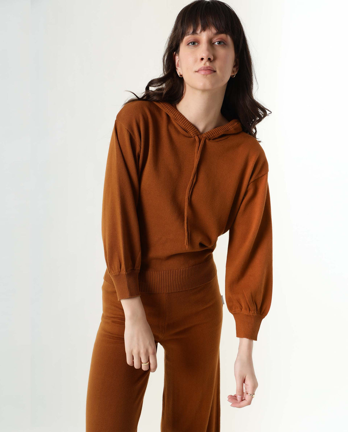 Rareism Women Finn Dark Rust Cotton Fabric Straight Fit Full Sleeves Solid Hooded Track Suit