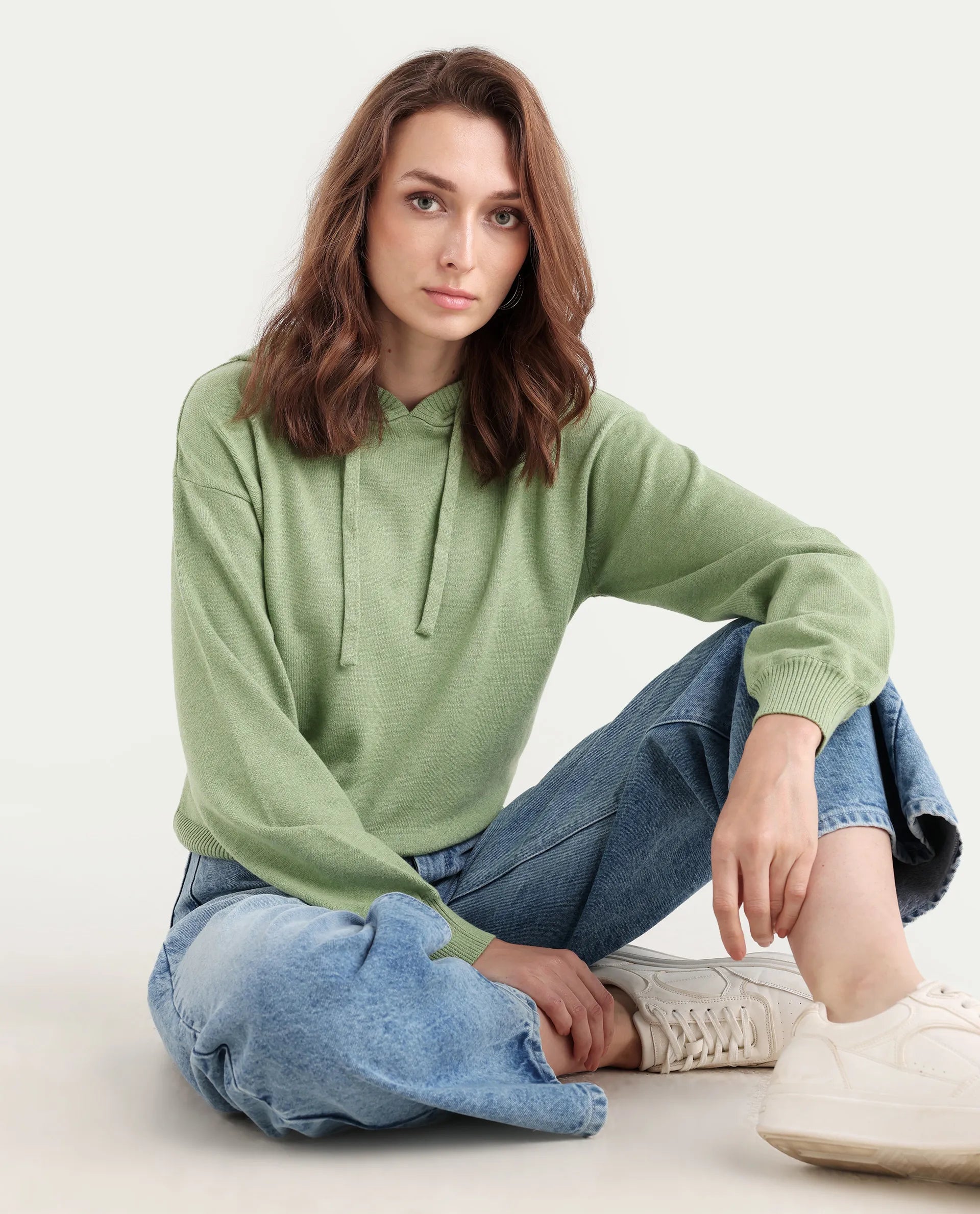 Rareism Women's Finnet T Dusky Green Knit Hooded Plain Relaxed Fit Sweater