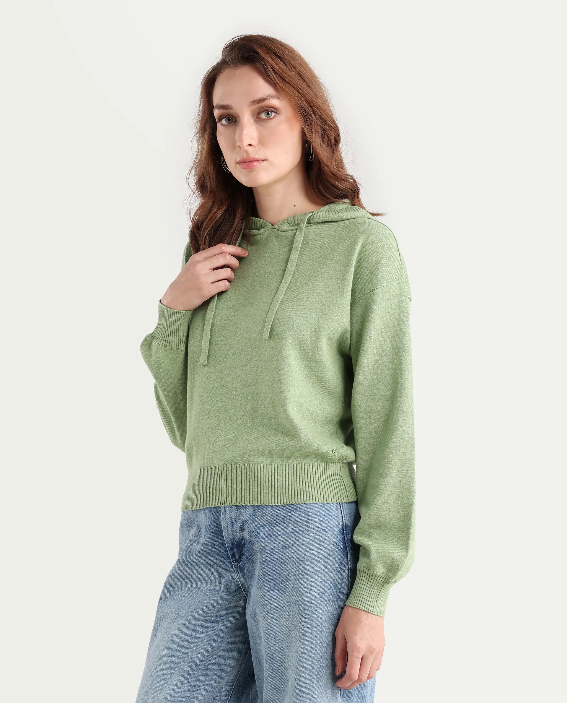 Rareism Women's Finnet T Dusky Green Knit Hooded Plain Relaxed Fit Sweater