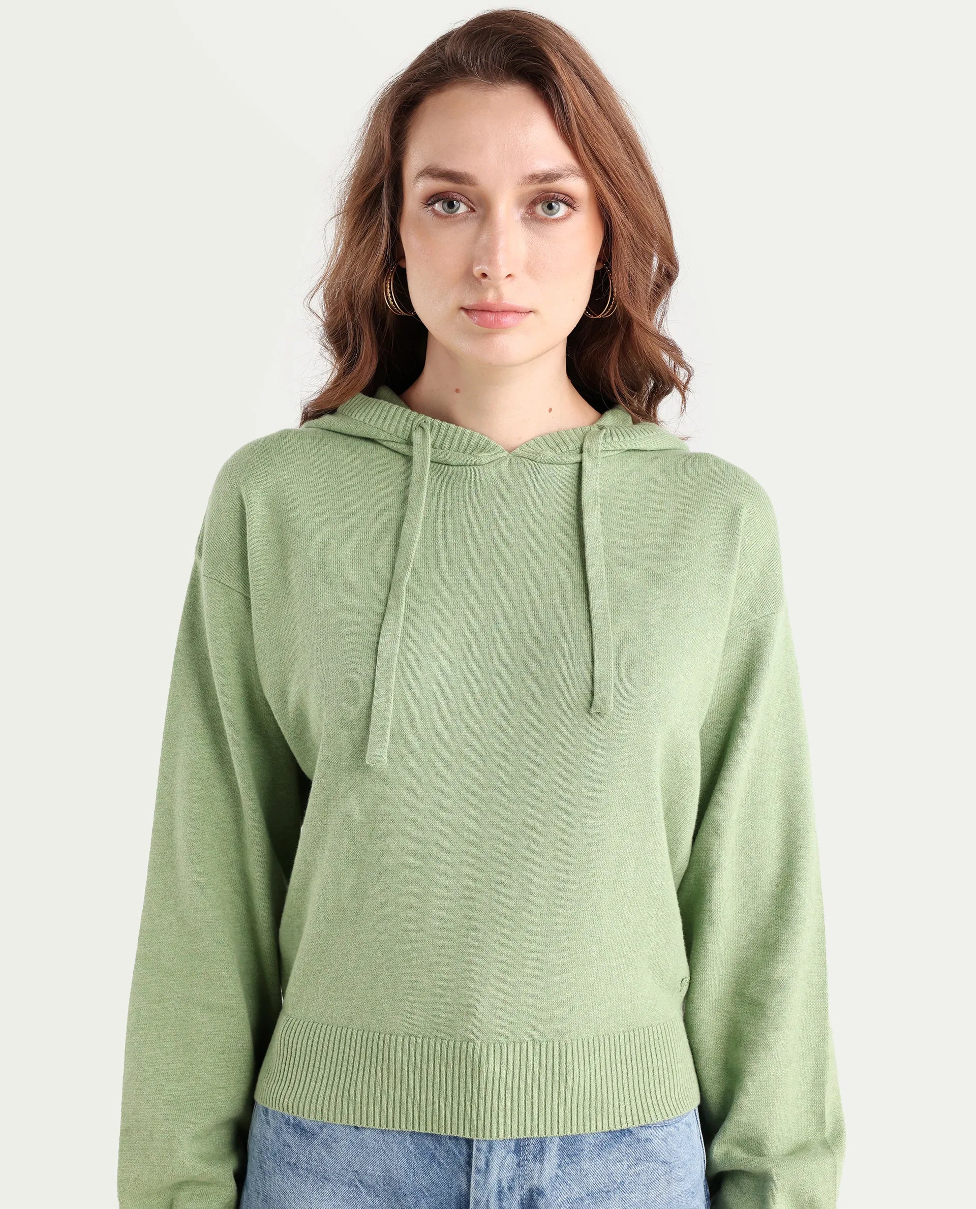 Rareism Women's Finnet T Dusky Green Knit Hooded Plain Relaxed Fit Sweater