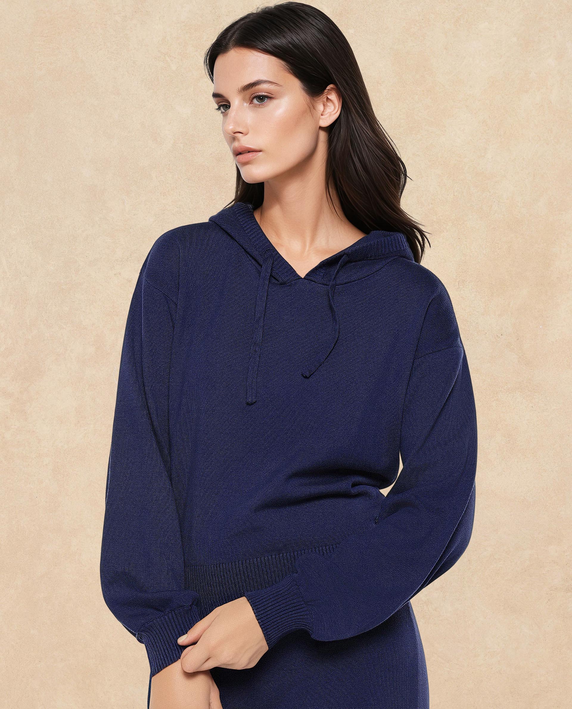 Rareism Women's Finnet T Navy Knit Hooded Plain Relaxed Fit Sweater