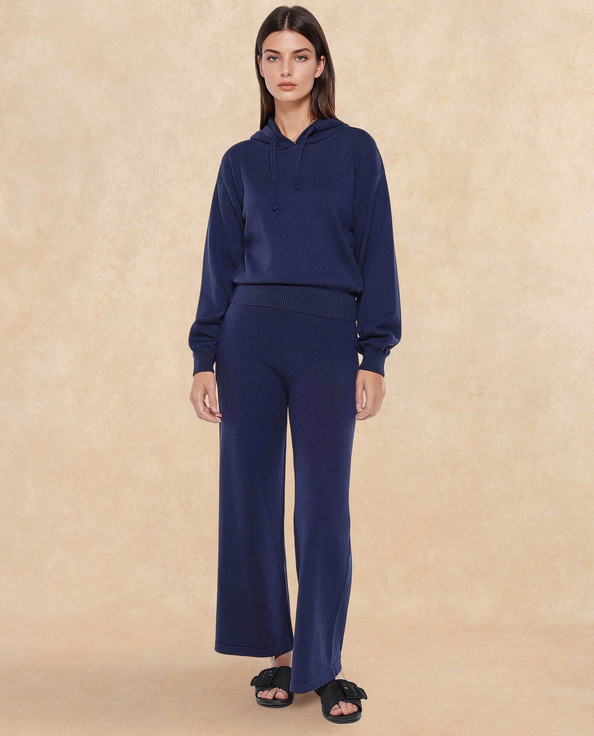 Rareism Women's Finnet T Navy Knit Hooded Plain Relaxed Fit Sweater