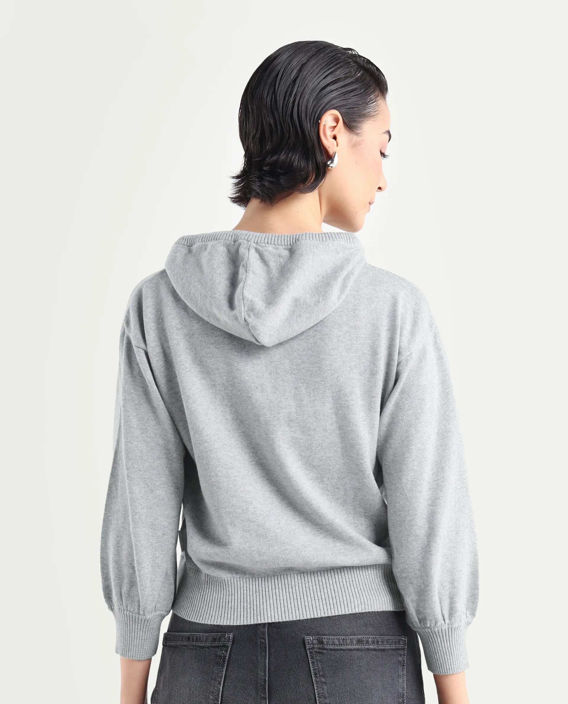 Rareism Women's Finn Sweat Grey Cotton Hooded Plain Relaxed Fit Sweater