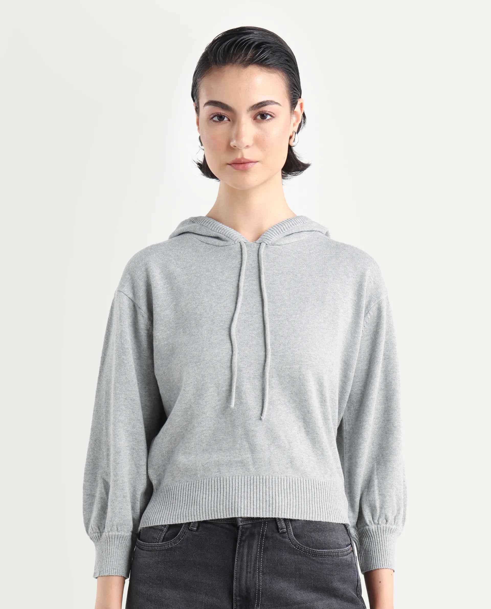 Rareism Women's Finn Sweat Grey Cotton Hooded Plain Relaxed Fit Sweater
