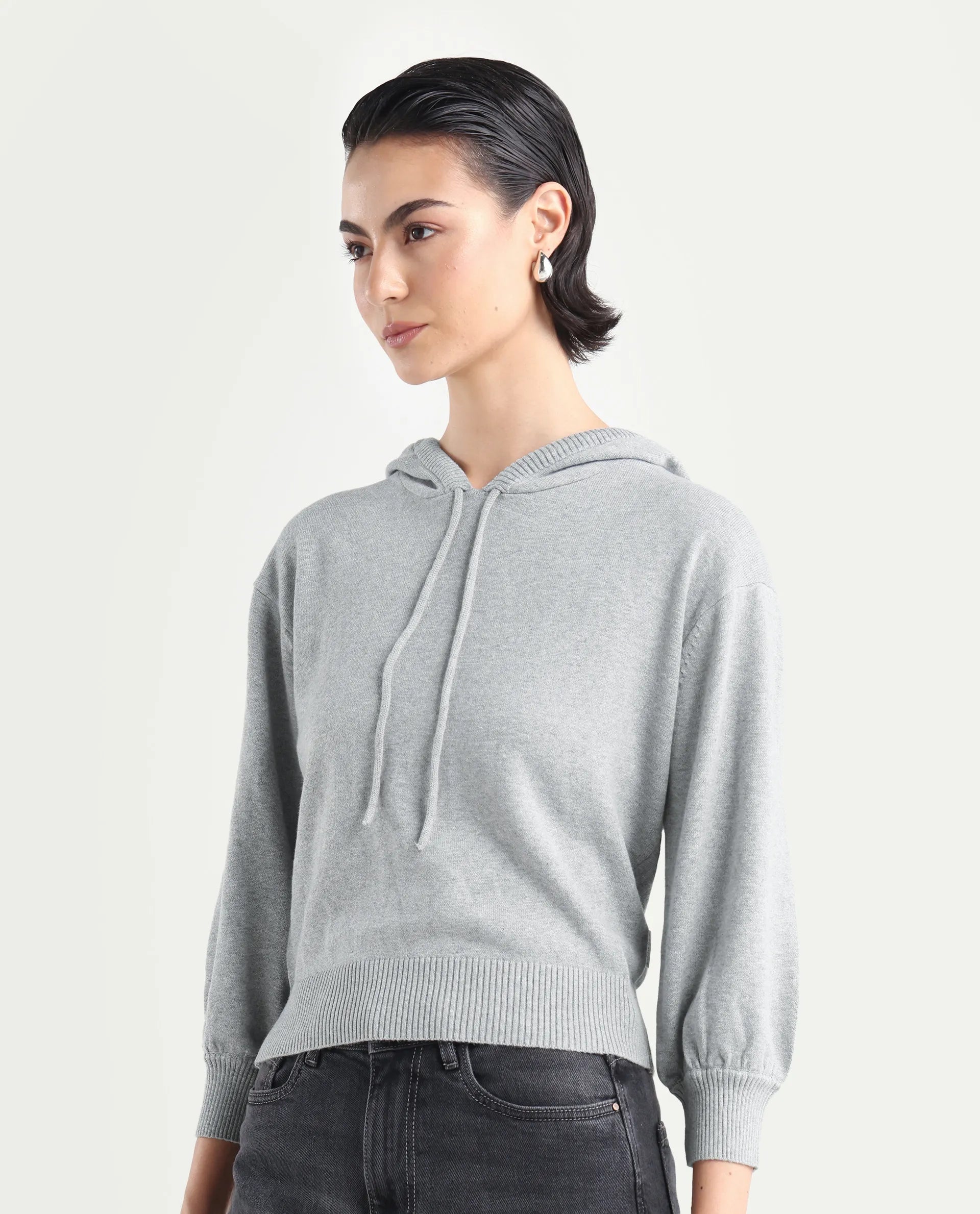 Rareism Women's Finn Sweat Grey Cotton Hooded Plain Relaxed Fit Sweater