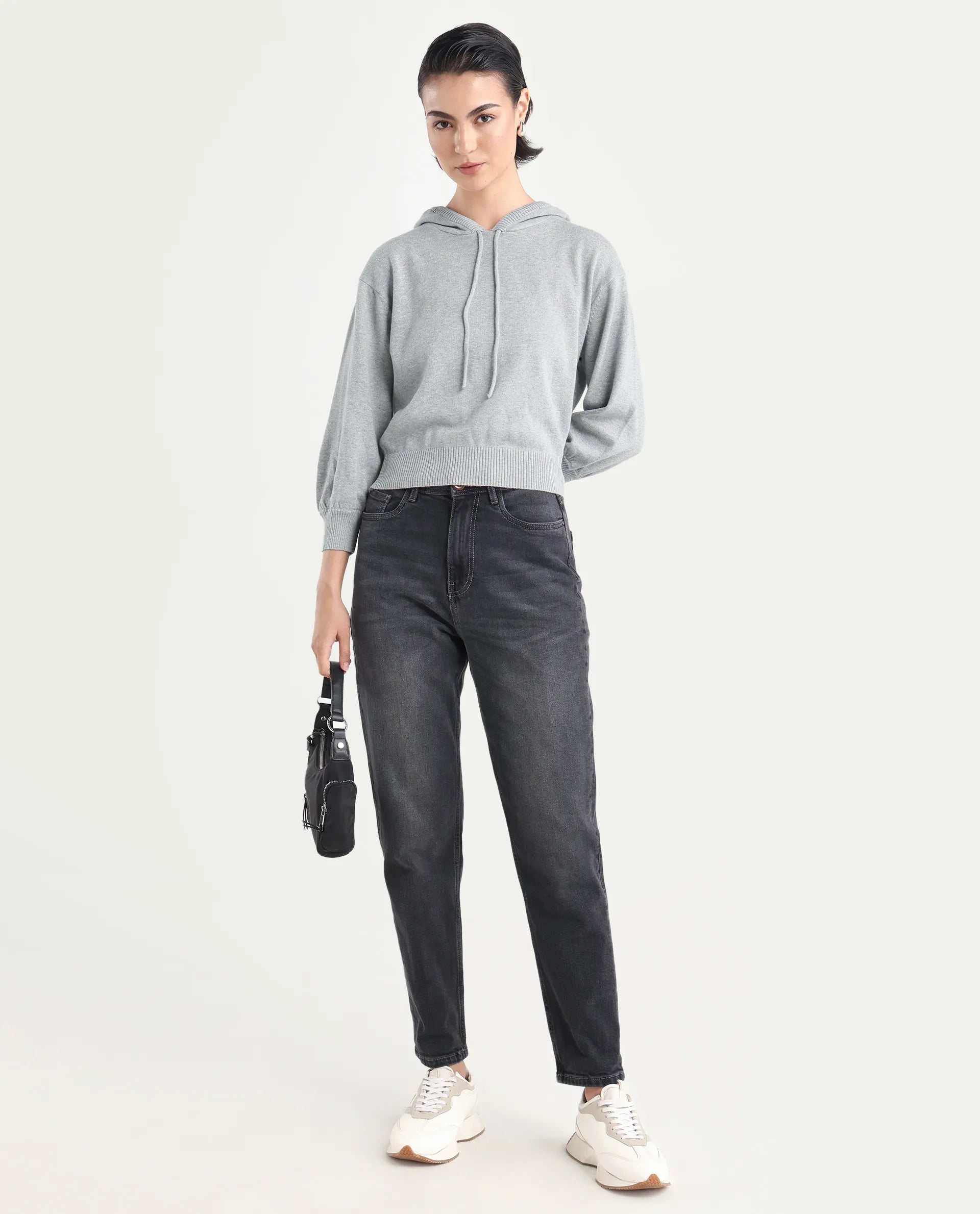 Rareism Women's Finn Sweat Grey Cotton Hooded Plain Relaxed Fit Sweater