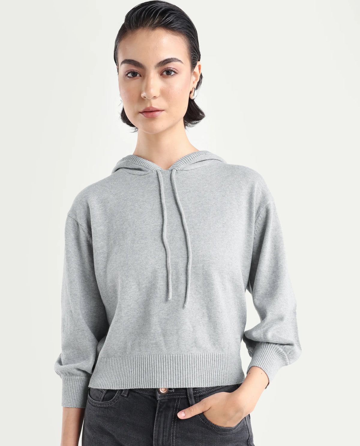 Rareism Women's Finn Sweat Grey Cotton Hooded Plain Relaxed Fit Sweater