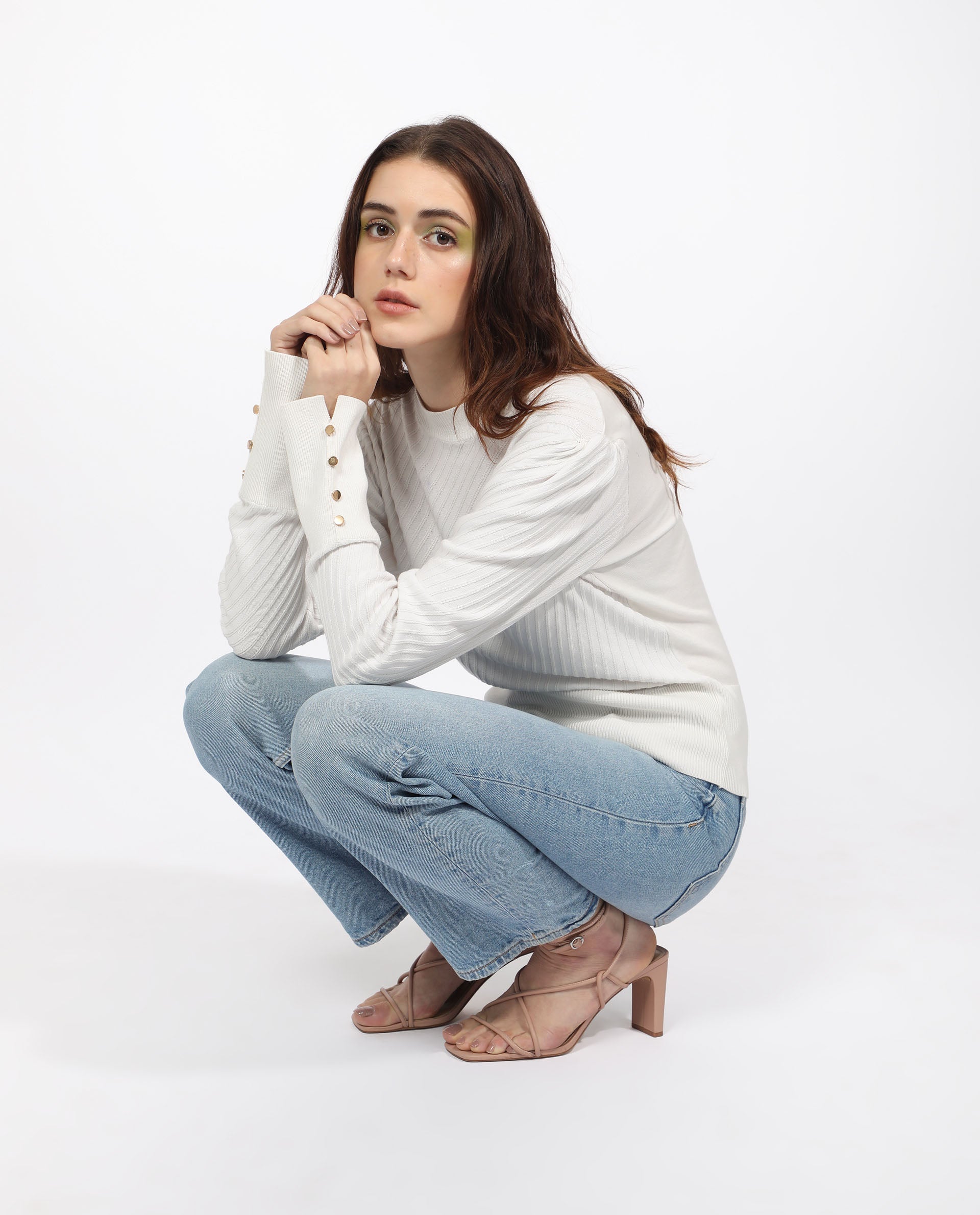 Rareism Women's Fischer White Viscose High Neck Plain Regular Fit Sweater