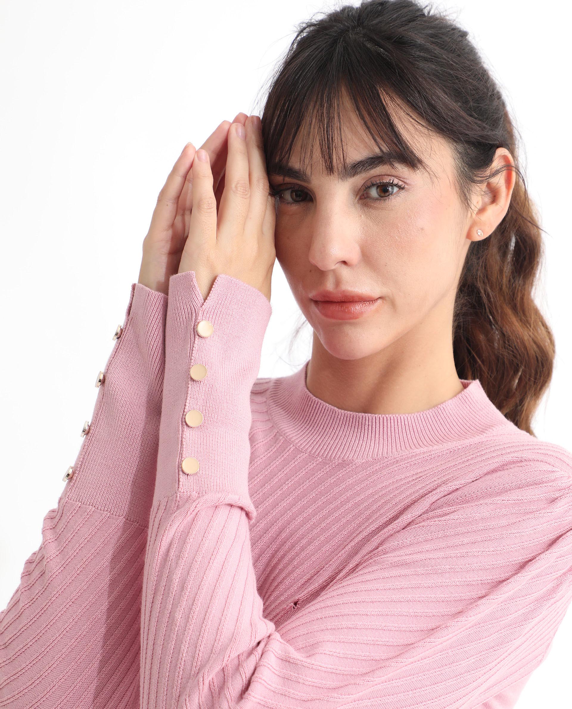 Rareism Women's Fischer Pink Viscose High Neck Plain Regular Fit Sweater