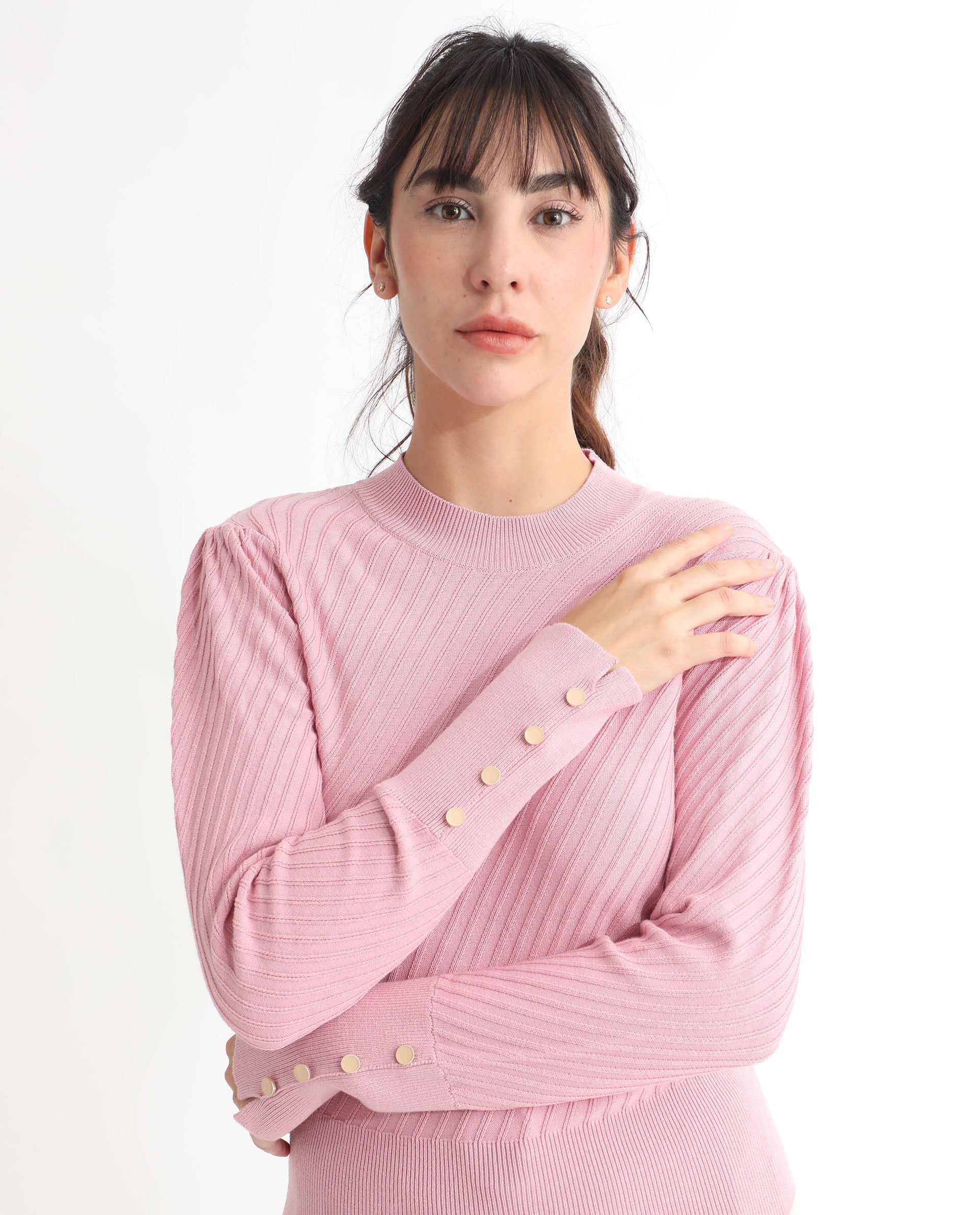 Rareism Women Fischer Pink Viscose Fabric Full Sleeves Knee Length Regular Fit Solid High Neck Sweater