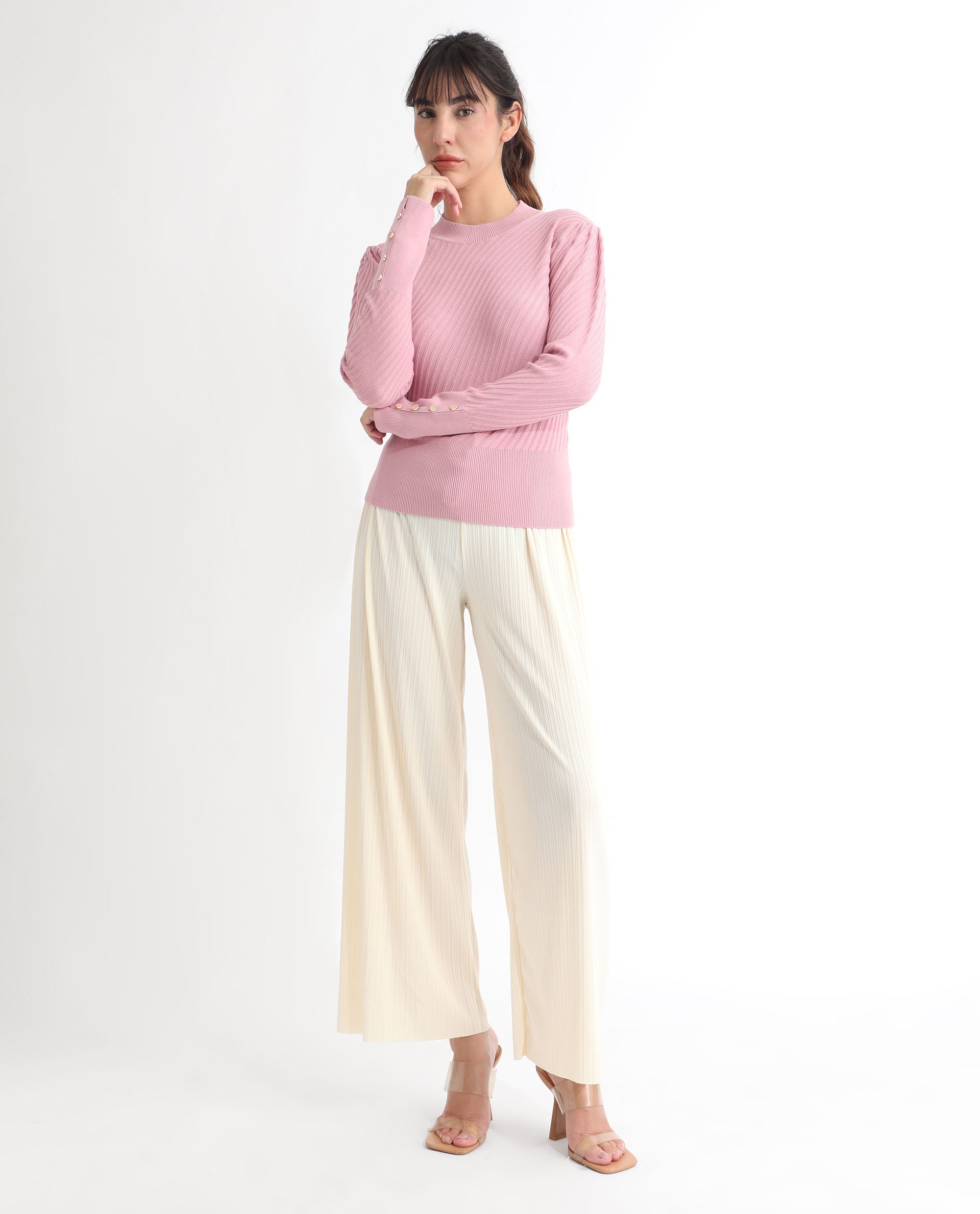 Rareism Women's Fischer Pink Viscose High Neck Plain Regular Fit Sweater