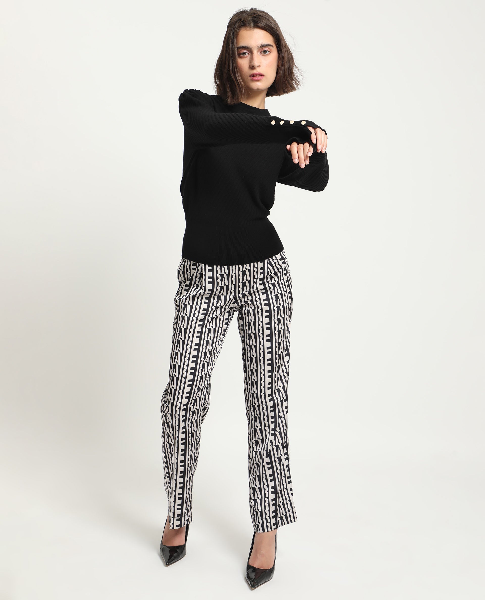 Rareism Women's Fischer Black Viscose High Neck Plain Regular Fit Sweater