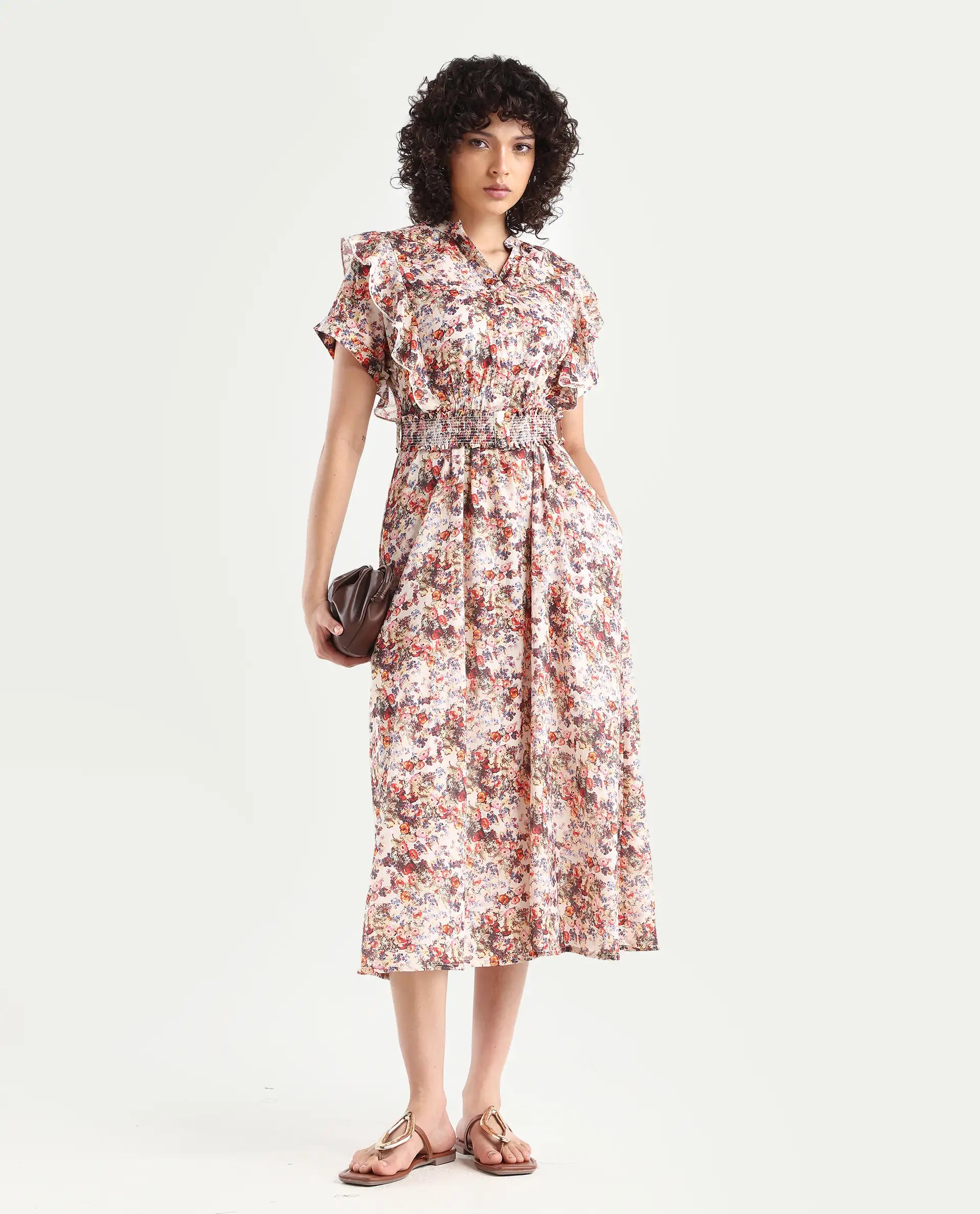 Rareism Women's Fisht Offwhite Cotton V-Neck Floral Print Ruffled Sleeve Midi Regular Fit Dress