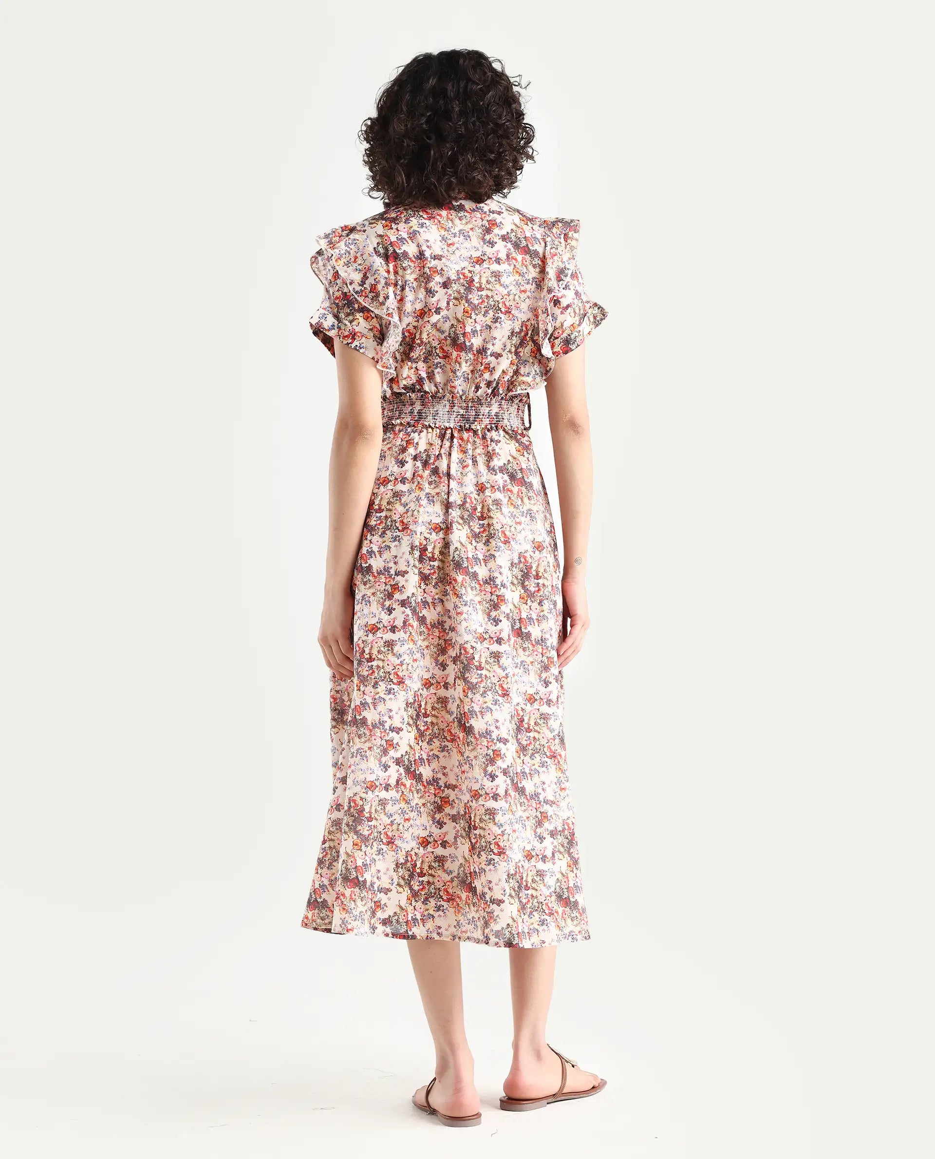 Rareism Women's Fisht Offwhite Cotton V-Neck Floral Print Ruffled Sleeve Midi Regular Fit Dress