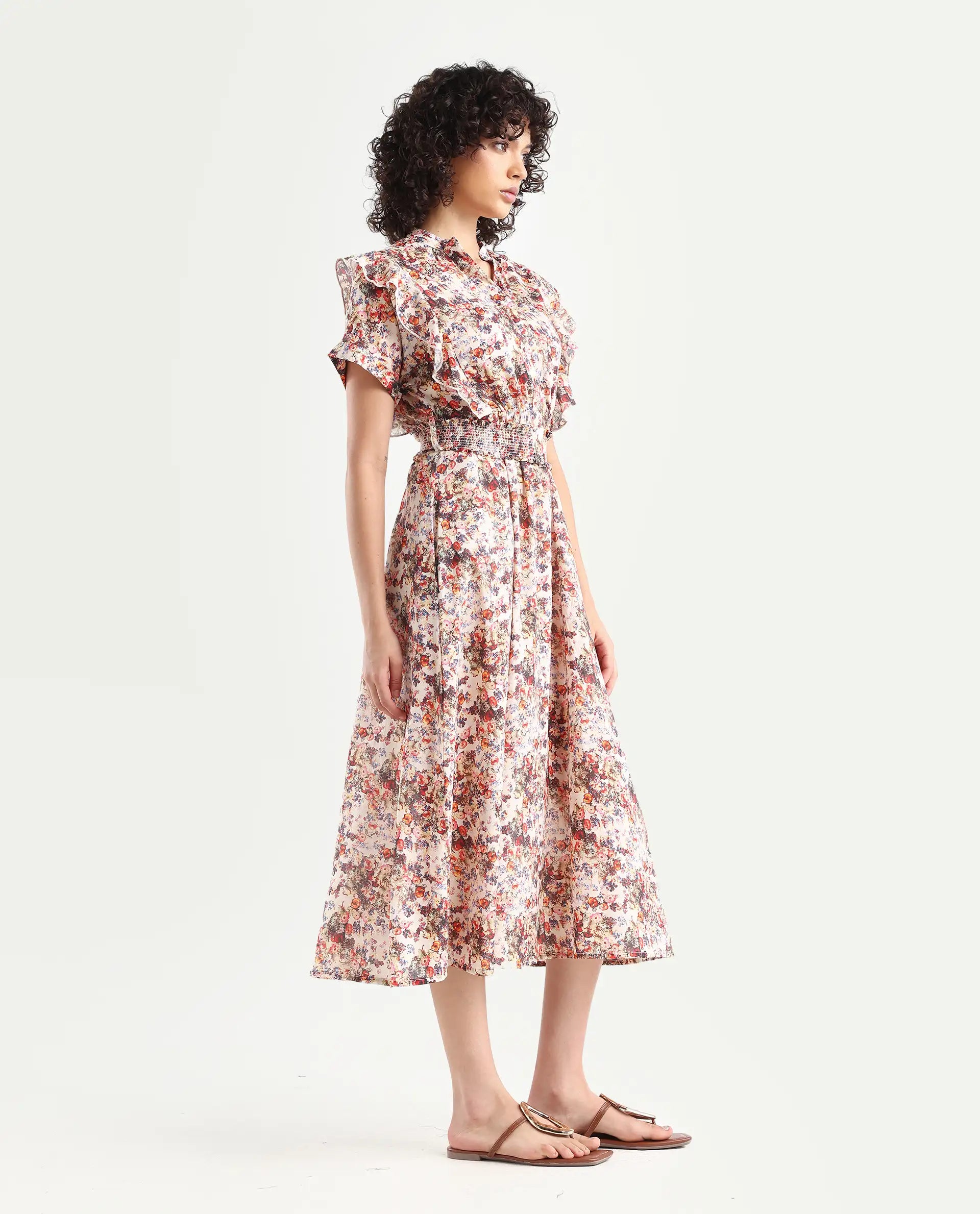 Rareism Women's Fisht Offwhite Cotton V-Neck Floral Print Ruffled Sleeve Midi Regular Fit Dress
