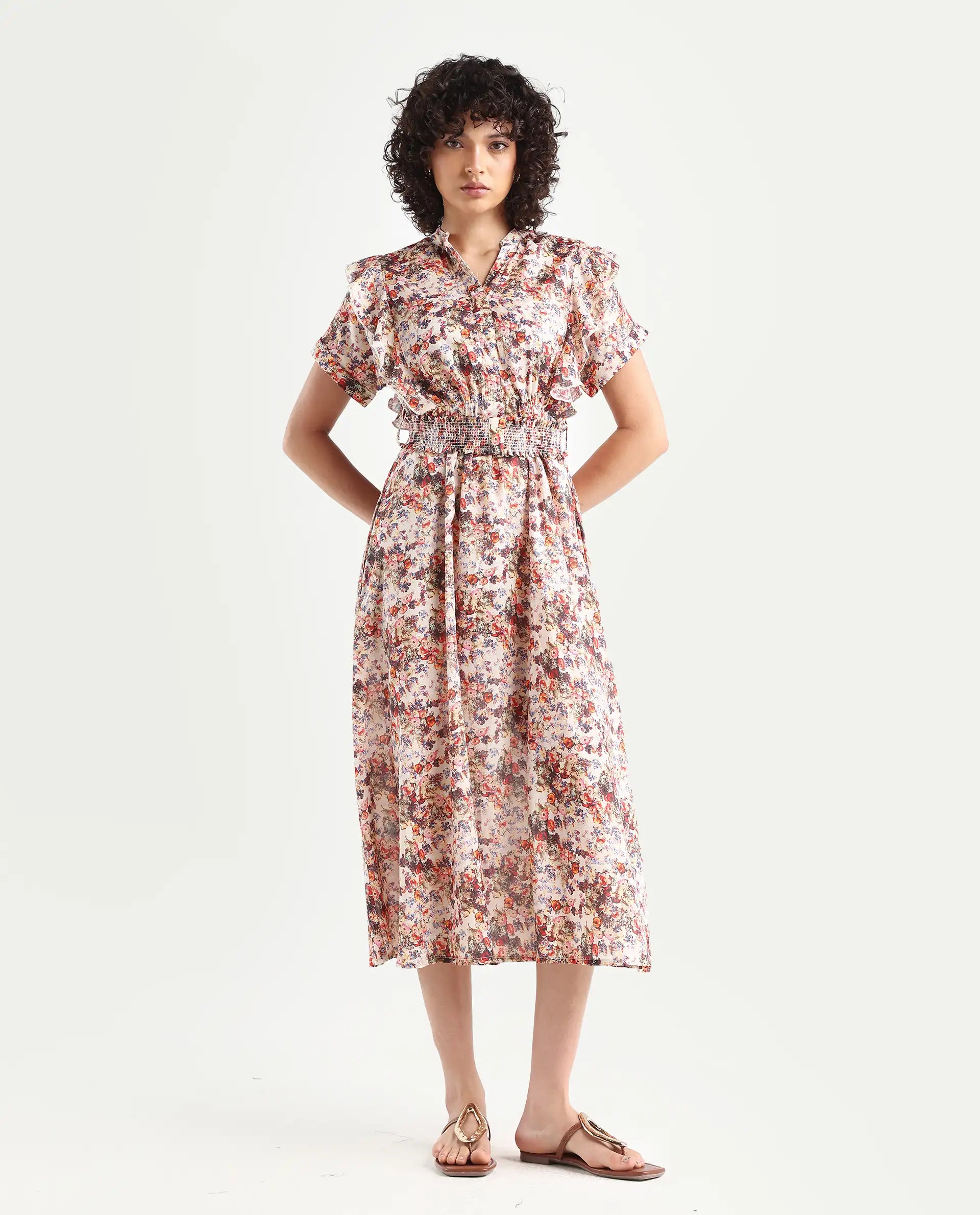 Rareism Women's Fisht Offwhite Cotton V-Neck Floral Print Ruffled Sleeve Midi Regular Fit Dress