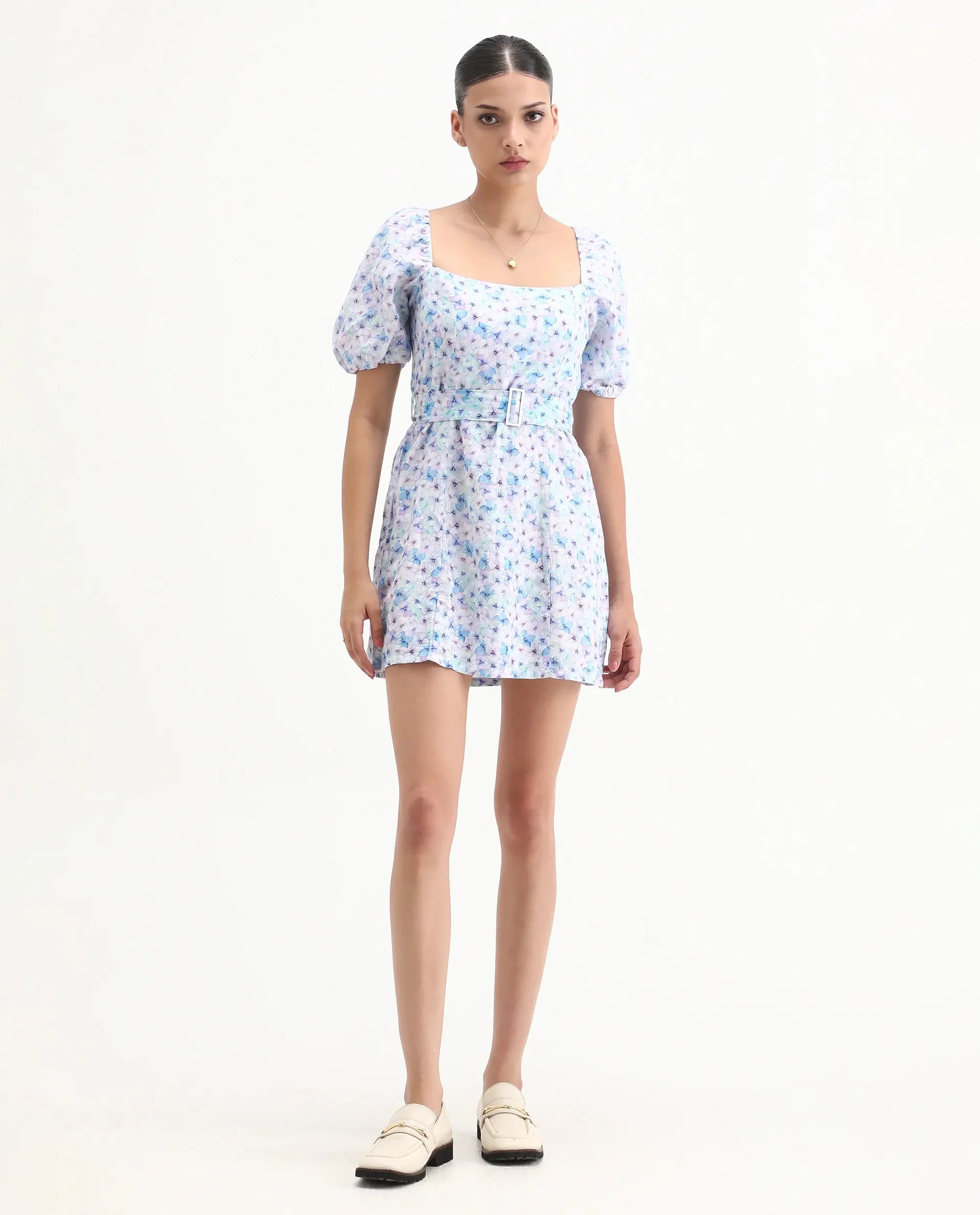 Rareism Women's Fisto Purple Linen Square Neck Floral Print Knee Length Regular Fit Dress