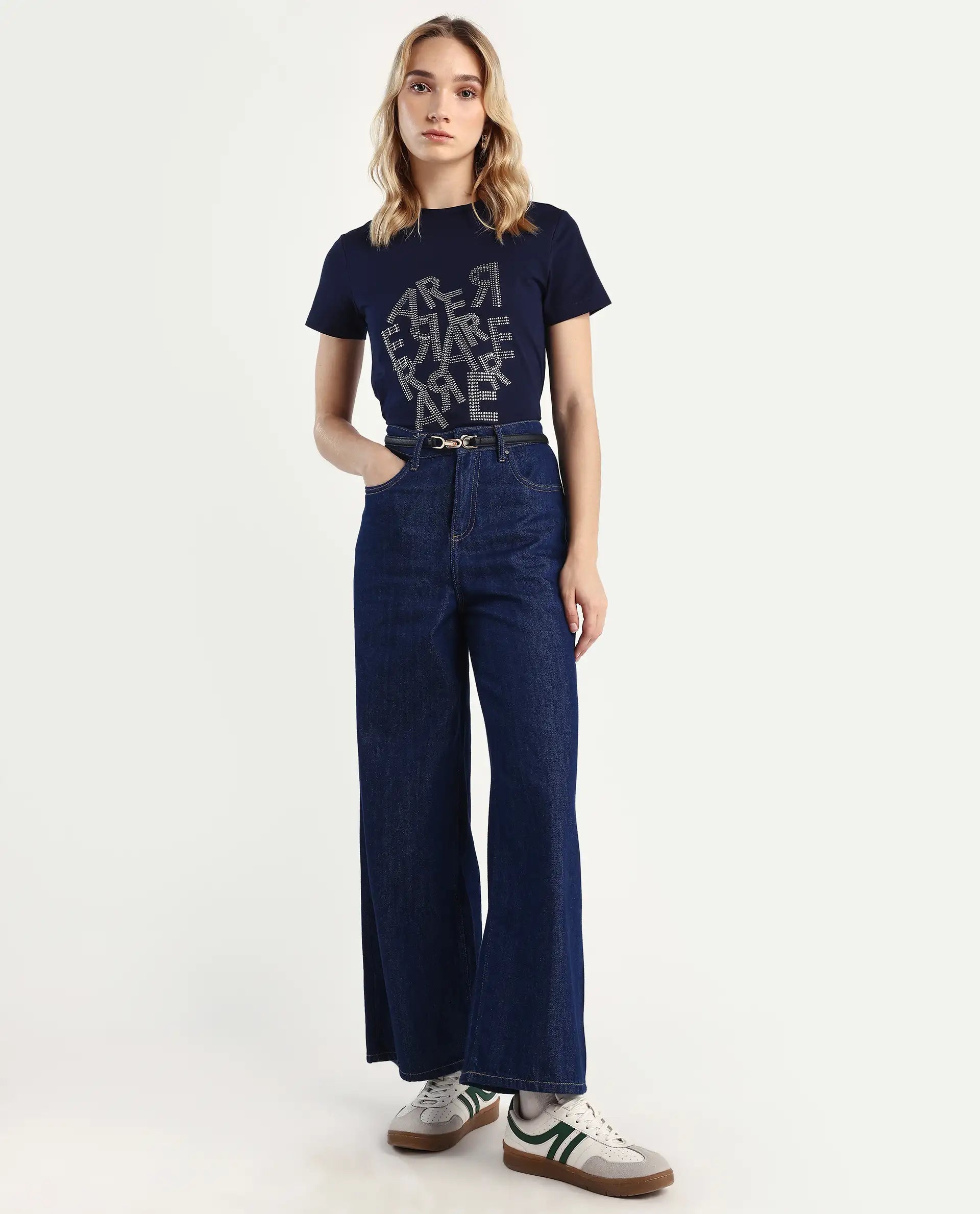 Rareism Women's Flank Dark Navy Cotton Blend Crew Neck Graphic Print Regular Fit T-Shirt