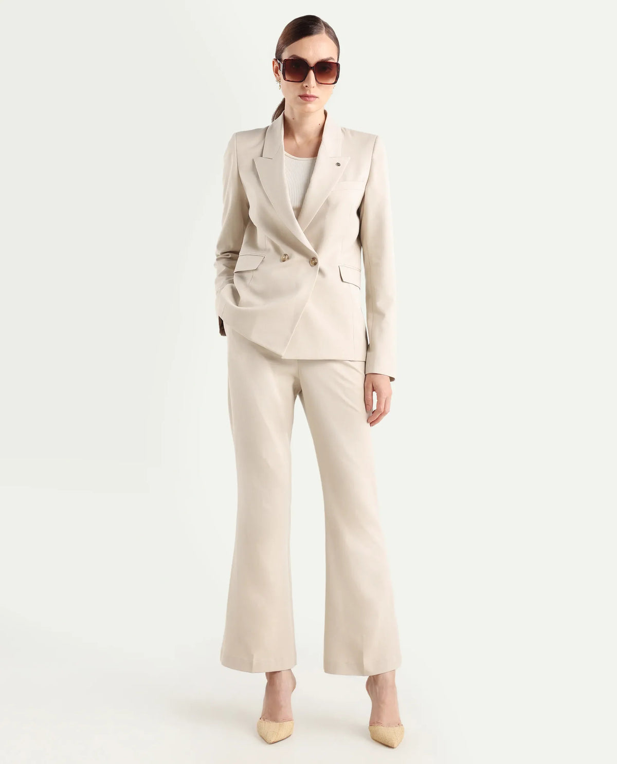 Rareism Women's Flare Beige Polyester Blend Bootcut Ankle Length Plain Travel Trouser